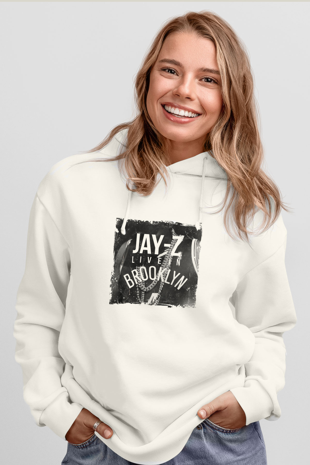 Jay-Z Baskılı Unisex Beyaz Kapüşonlu Sweatshirt