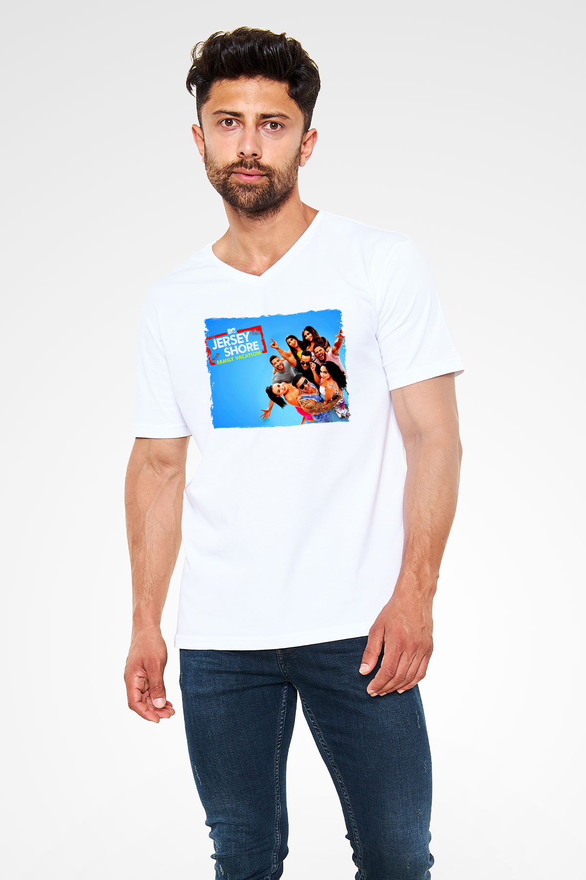 Jersey Shore Beyaz Unisex V Yaka Tişört