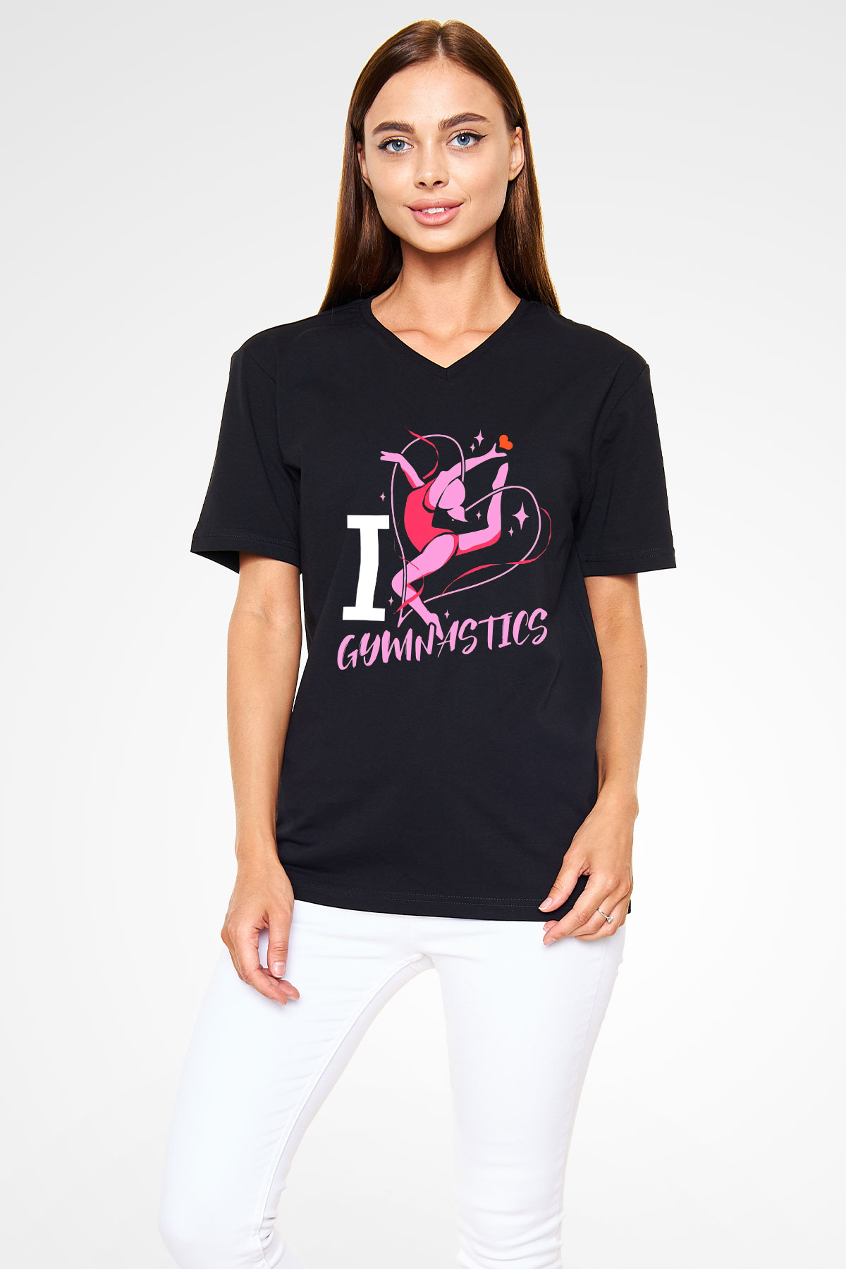 Jimnastikçi Siyah Unisex V Yaka Tişört