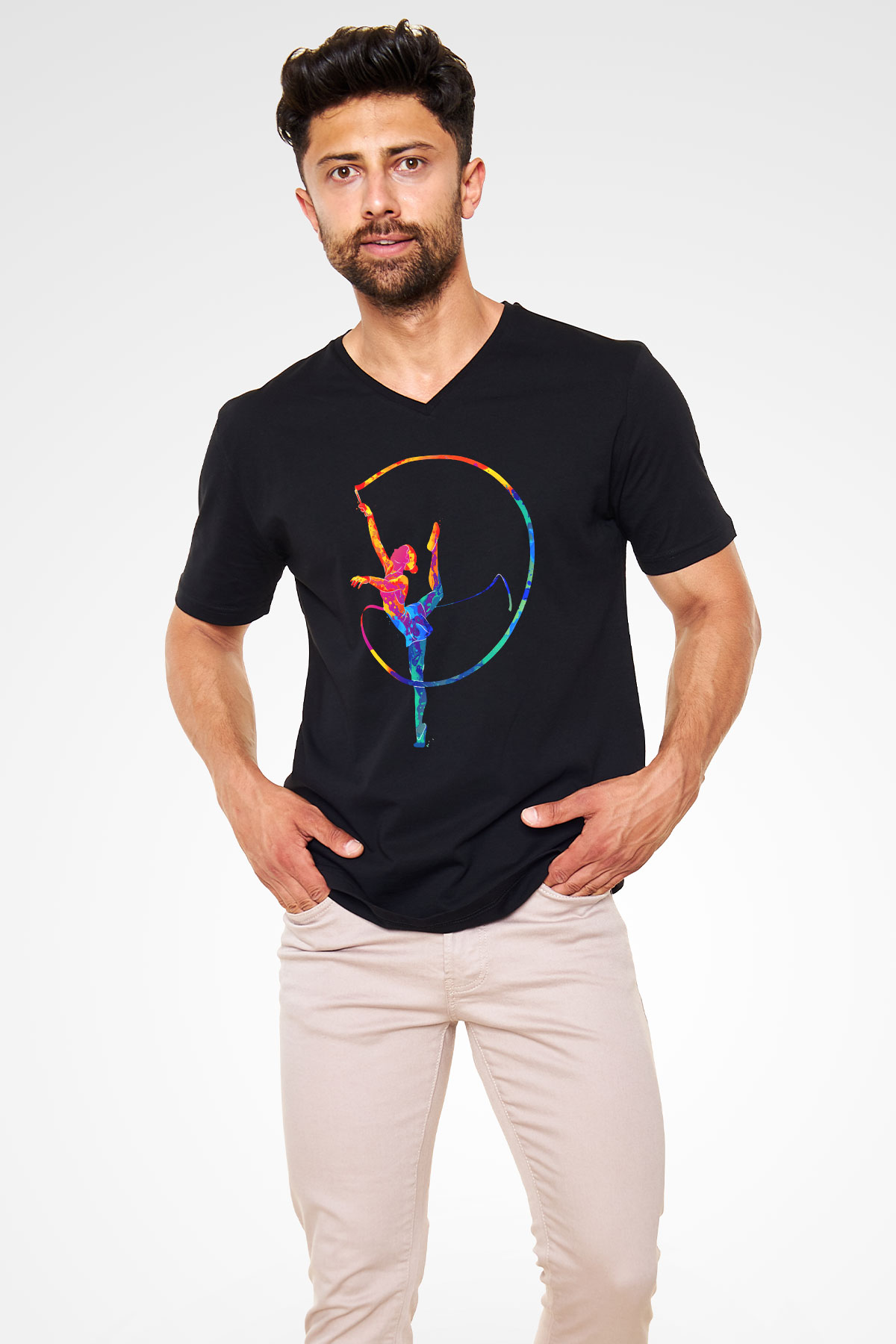 Jimnastikçi Siyah Unisex V Yaka Tişört