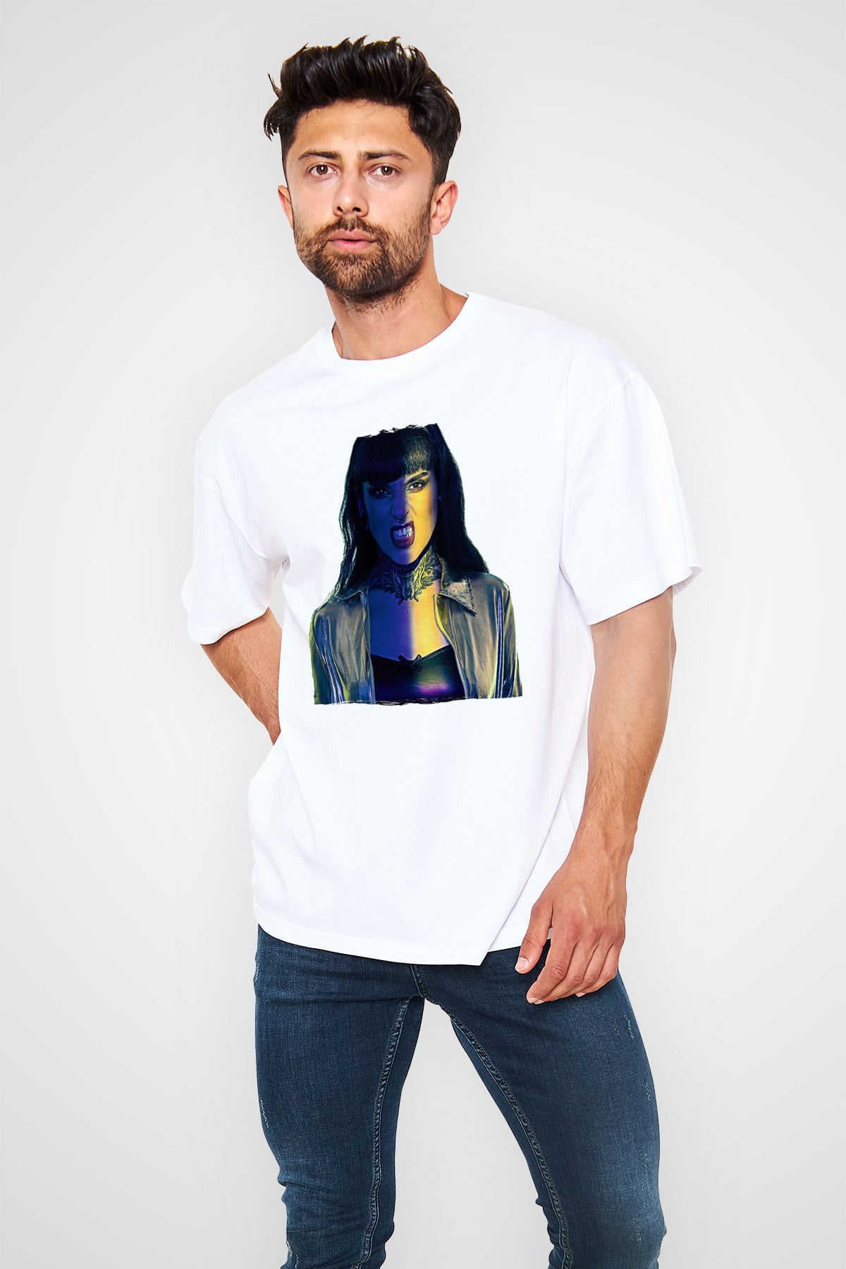Jinjer Baskılı Beyaz Unisex Oversize Tişört - Tshirt