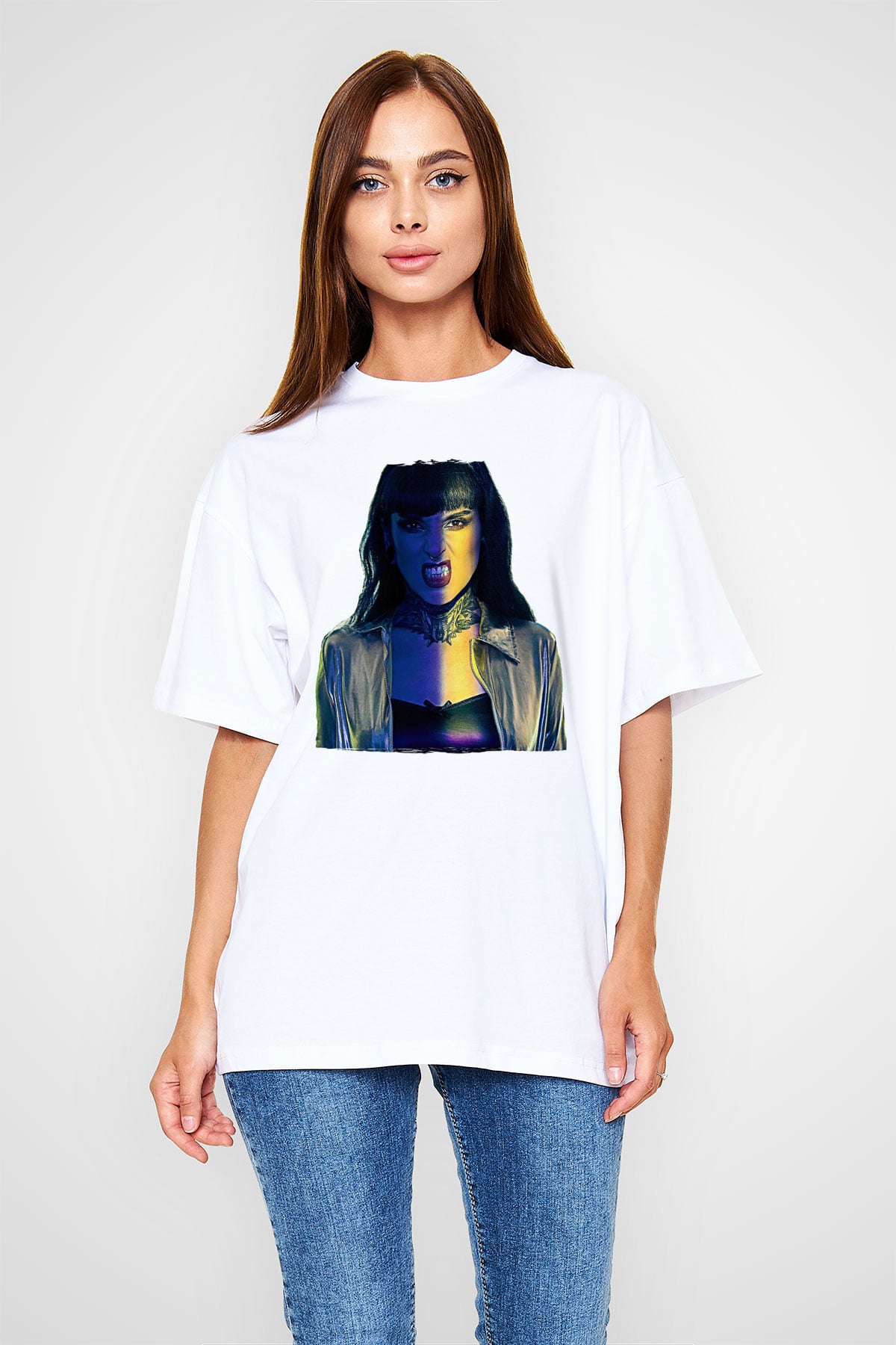 Jinjer Baskılı Beyaz Unisex Oversize Tişört - Tshirt