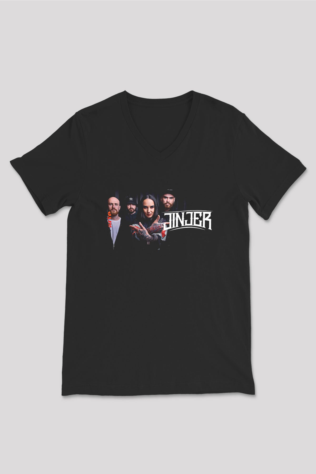 Jinjer Baskılı Unisex Siyah V Yaka Tişört - Tshirt