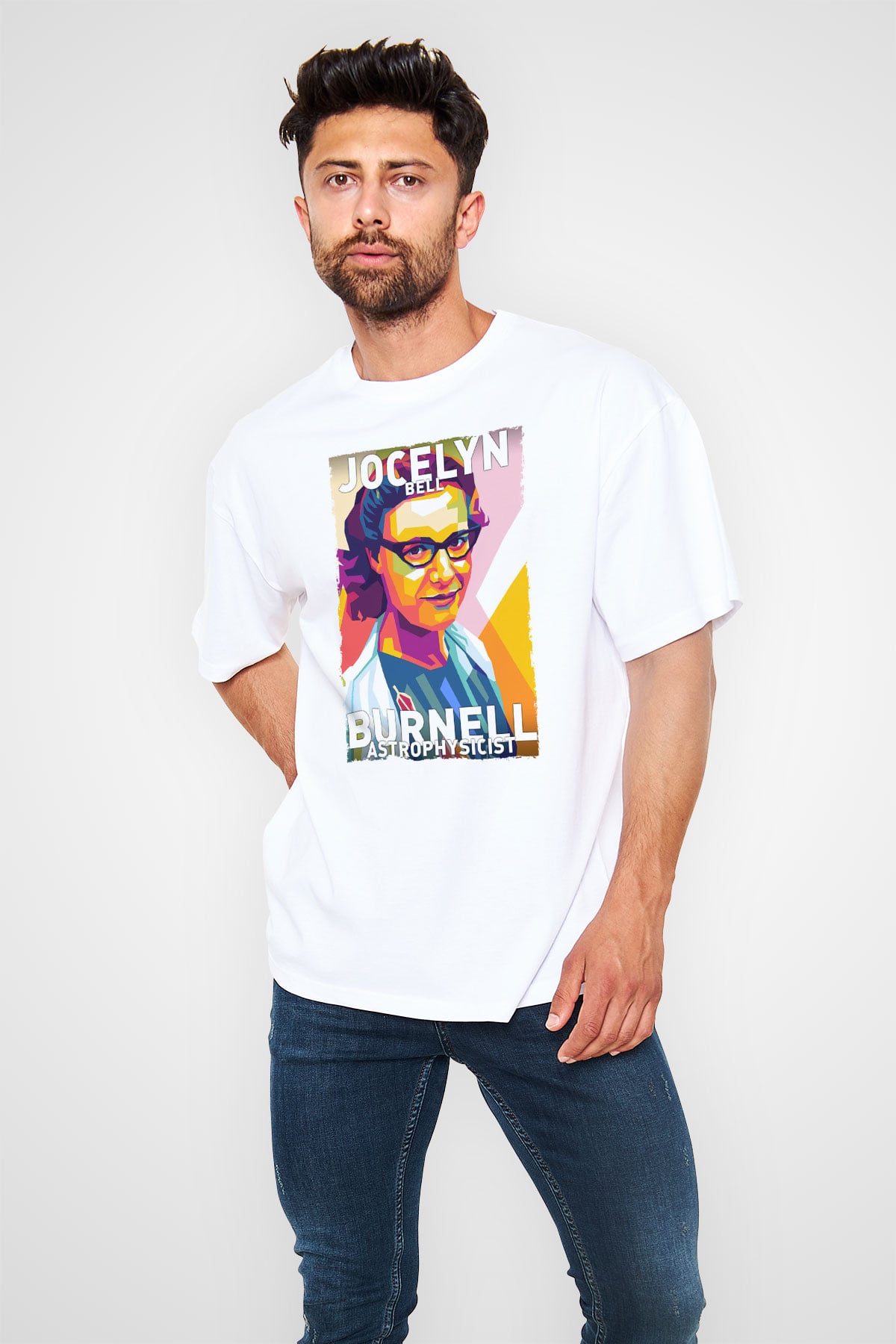 Jocelyn Bell Burnell Baskılı Unisex Oversize Beyaz Tişört - Tshirt