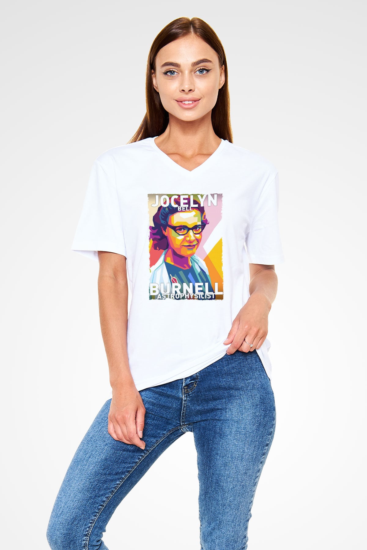 Jocelyn Bell Burnell Baskılı Unisex V Yaka Beyaz Tişört - Tshirt