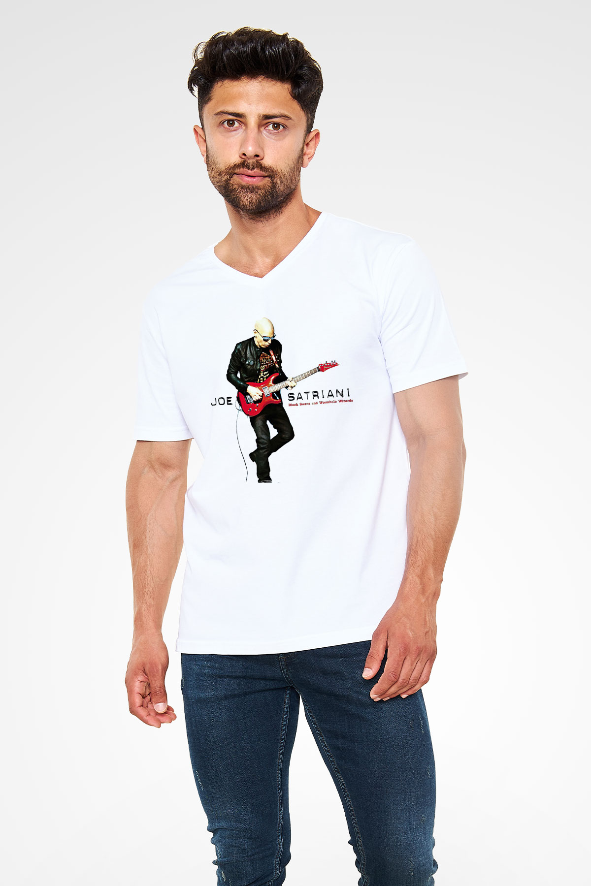 Joe Santriani Baskılı Beyaz Unisex V Yaka Tişört - Tshirt