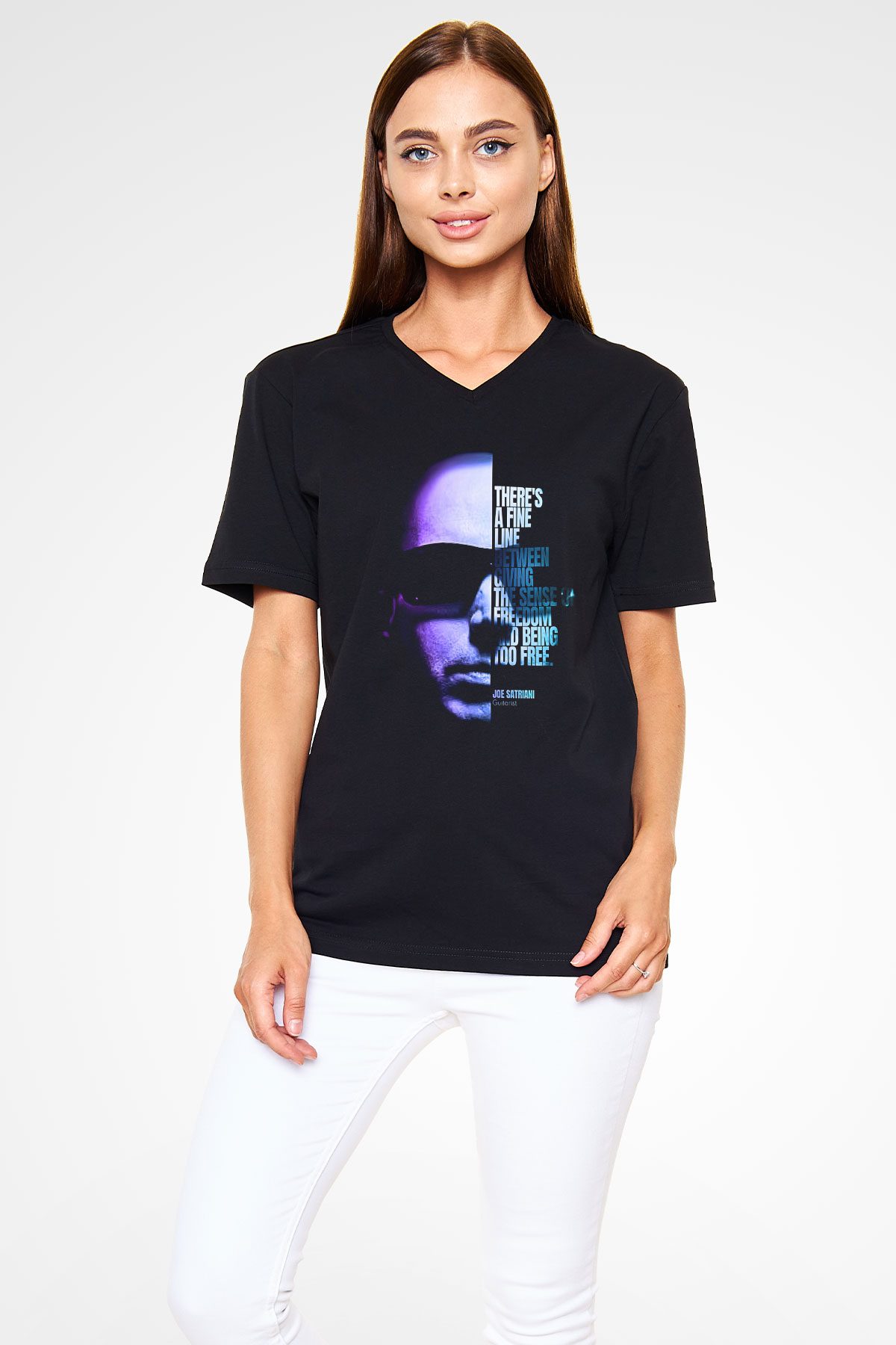 Joe Santriani Baskılı Unisex Siyah V Yaka Tişört - Tshirt