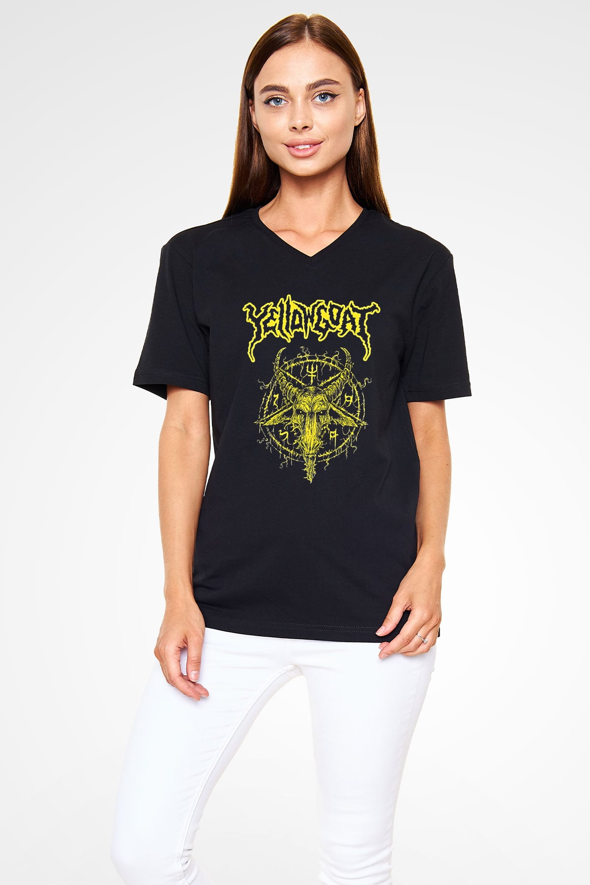Joel Grind Baskılı Unisex Siyah V Yaka Tişört - Tshirt