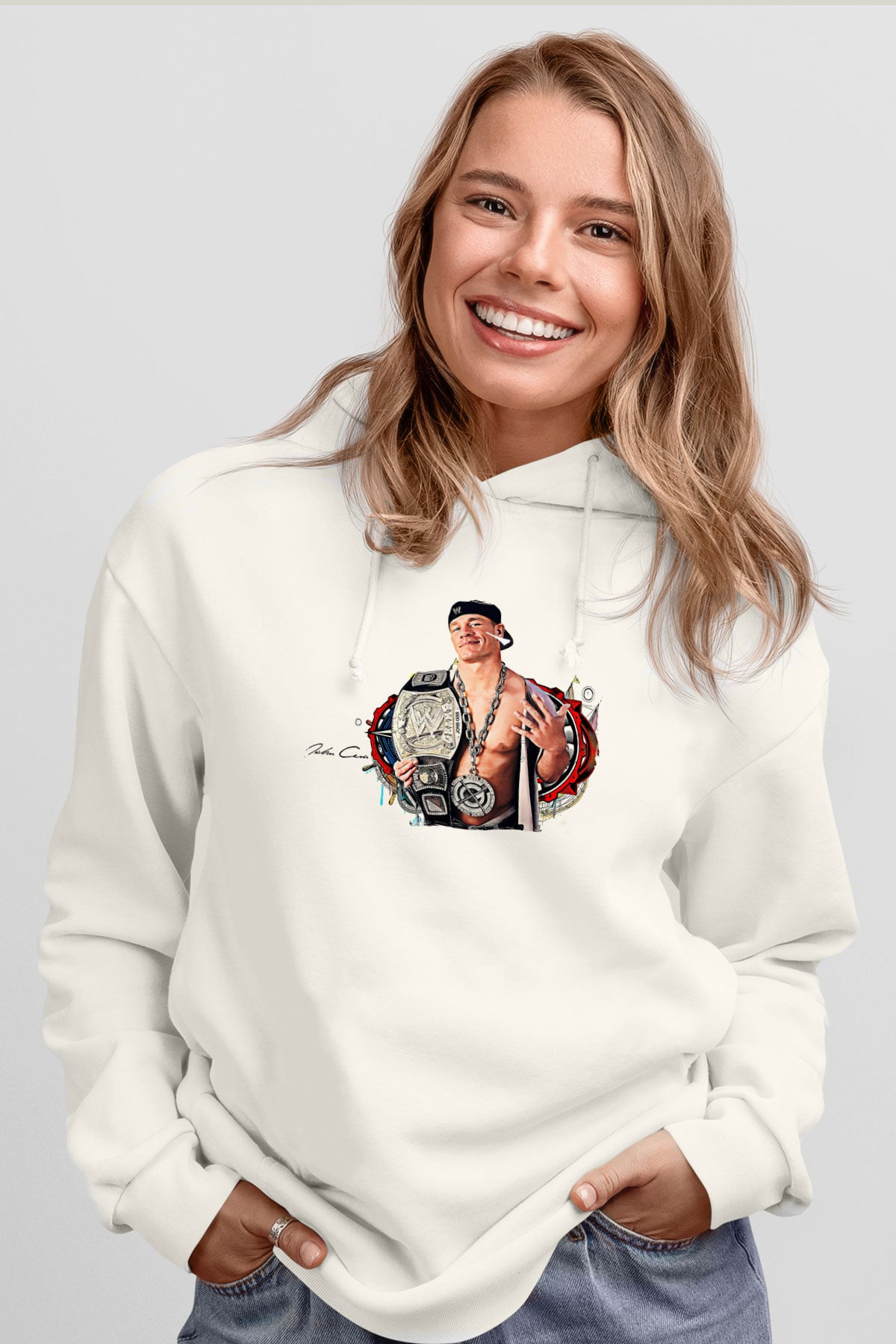 John Cena Baskılı Beyaz Unisex Hoodie