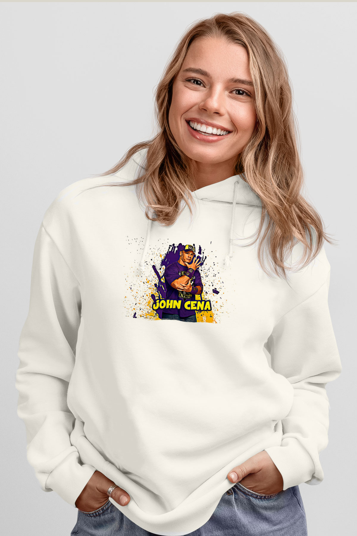 John Cena Baskılı Beyaz Unisex Hoodie