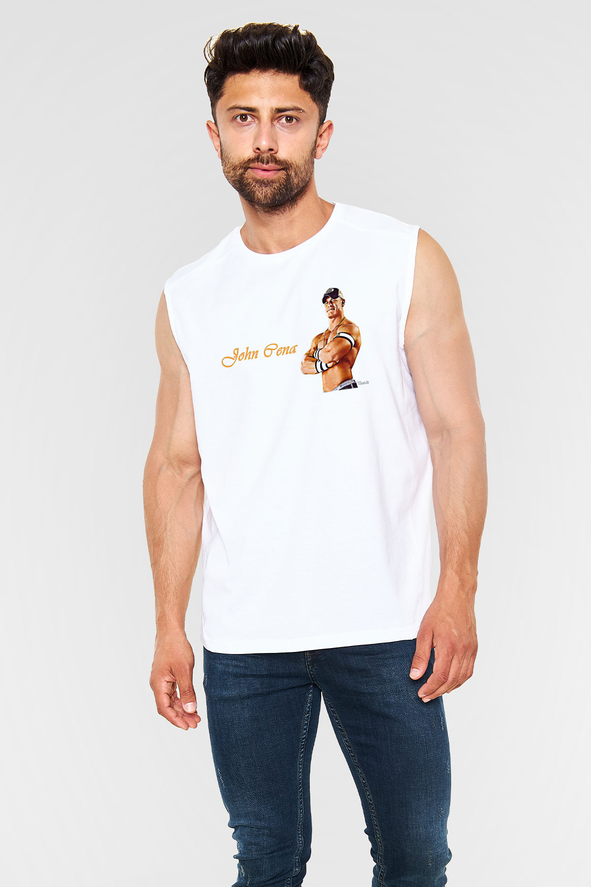 John Cena Baskılı Beyaz Unisex Kolsuz Tişört - Tshirt