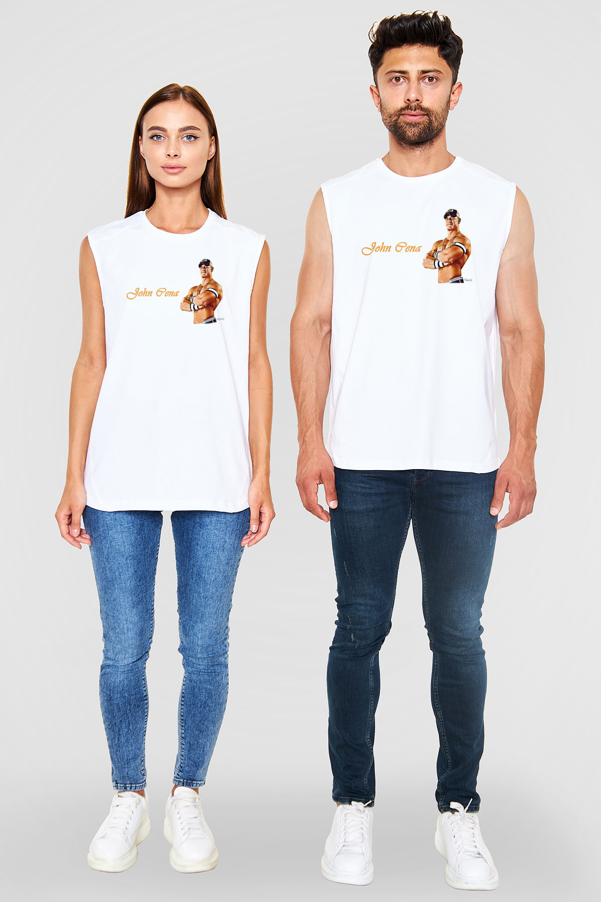 John Cena Baskılı Beyaz Unisex Kolsuz Tişört - Tshirt