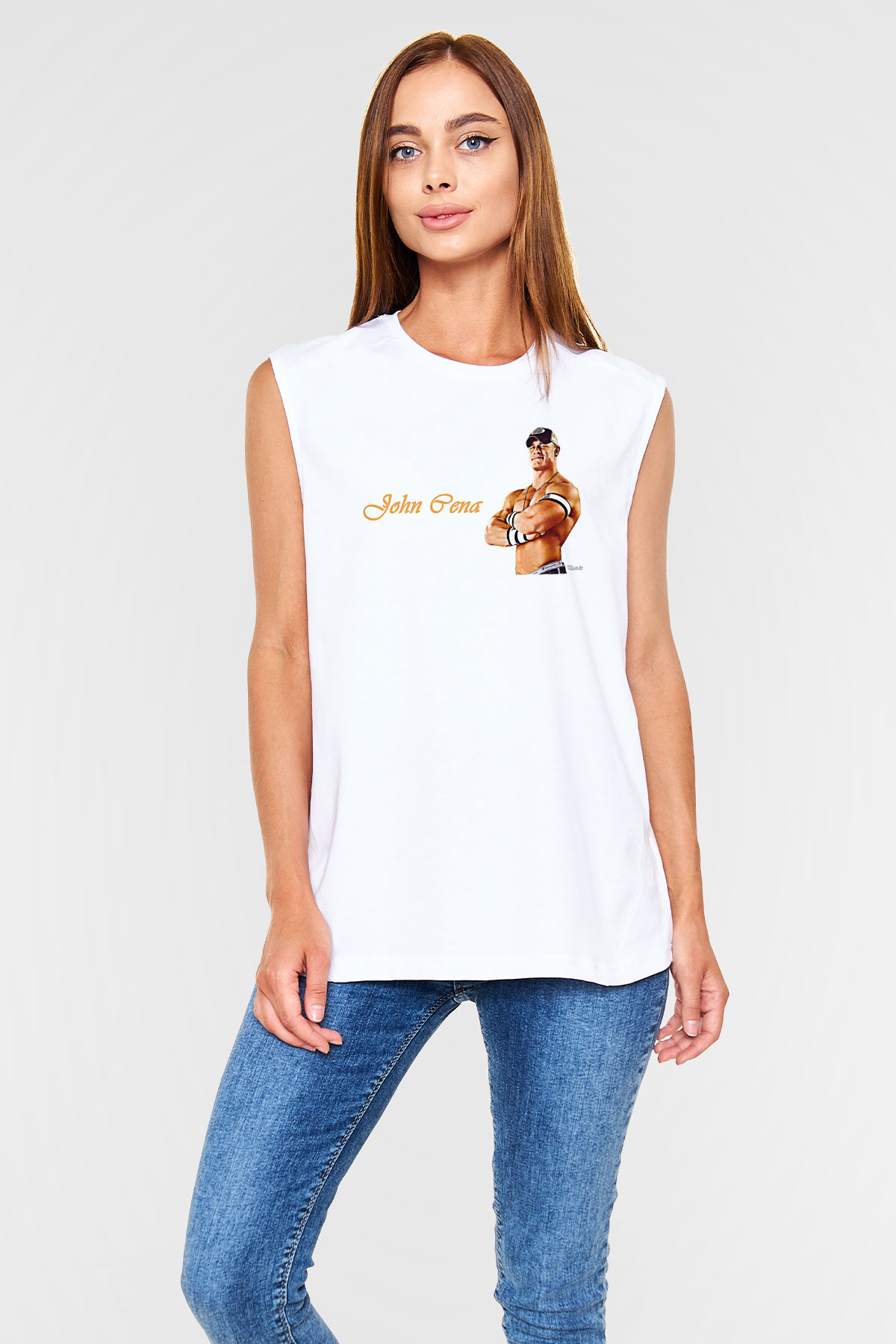 John Cena Baskılı Beyaz Unisex Kolsuz Tişört - Tshirt