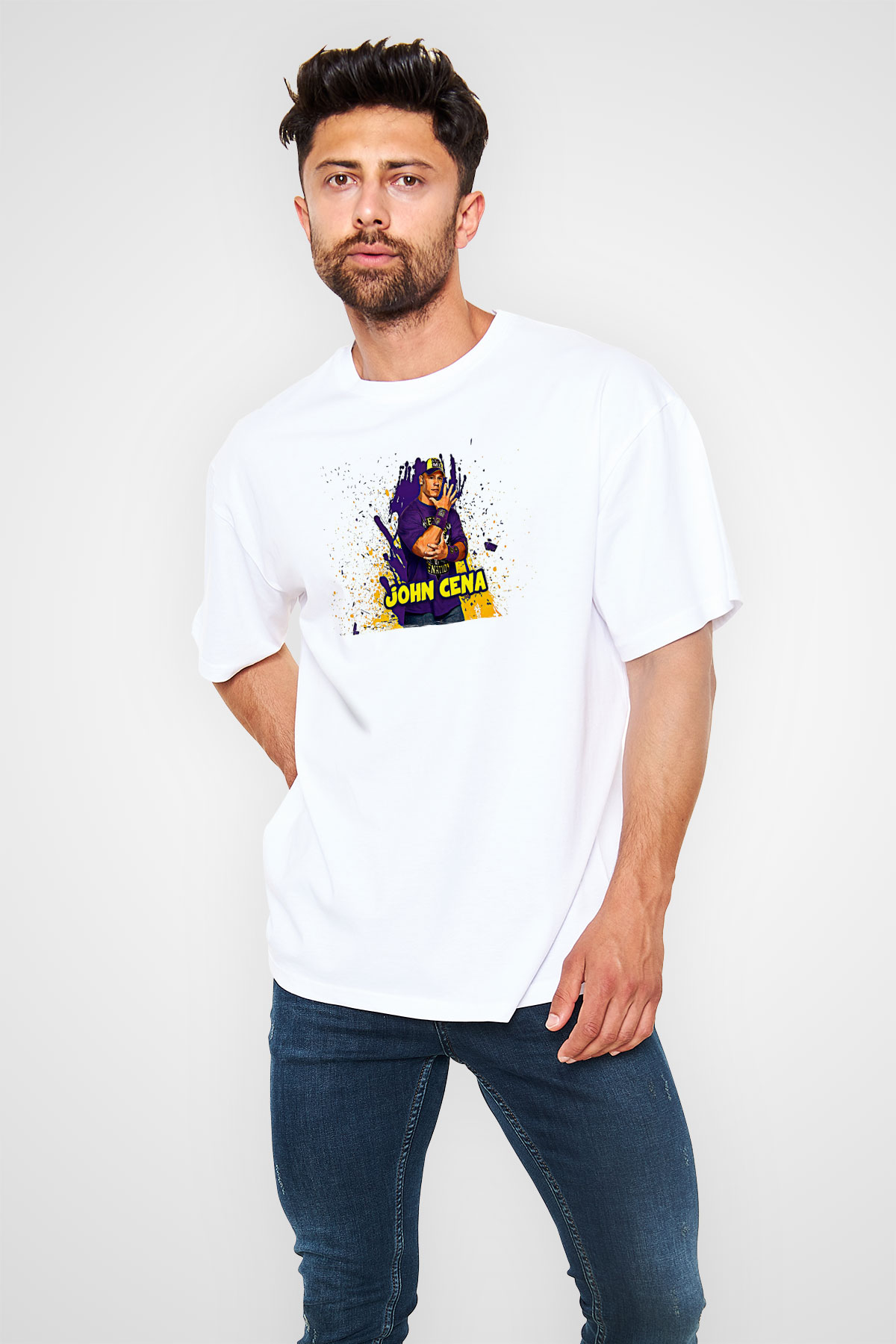 John Cena Baskılı Beyaz Unisex Oversize Tişört - Tshirt