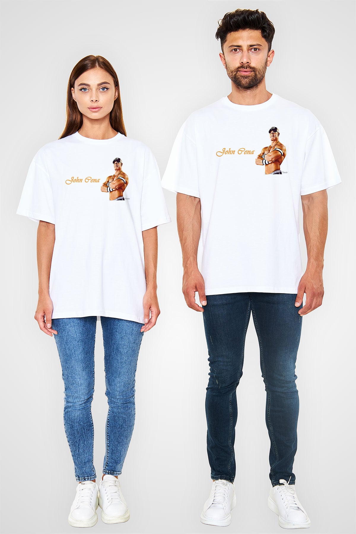 John Cena Baskılı Beyaz Unisex Oversize Tişört - Tshirt