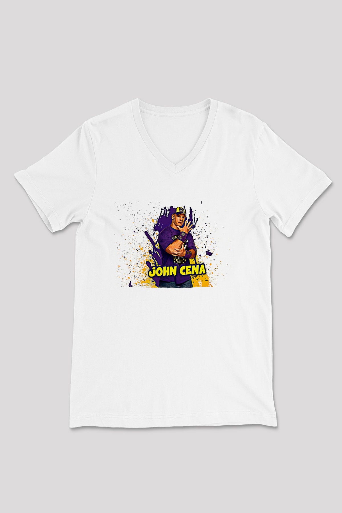 John Cena Baskılı Beyaz Unisex V Yaka Tişört - Tshirt