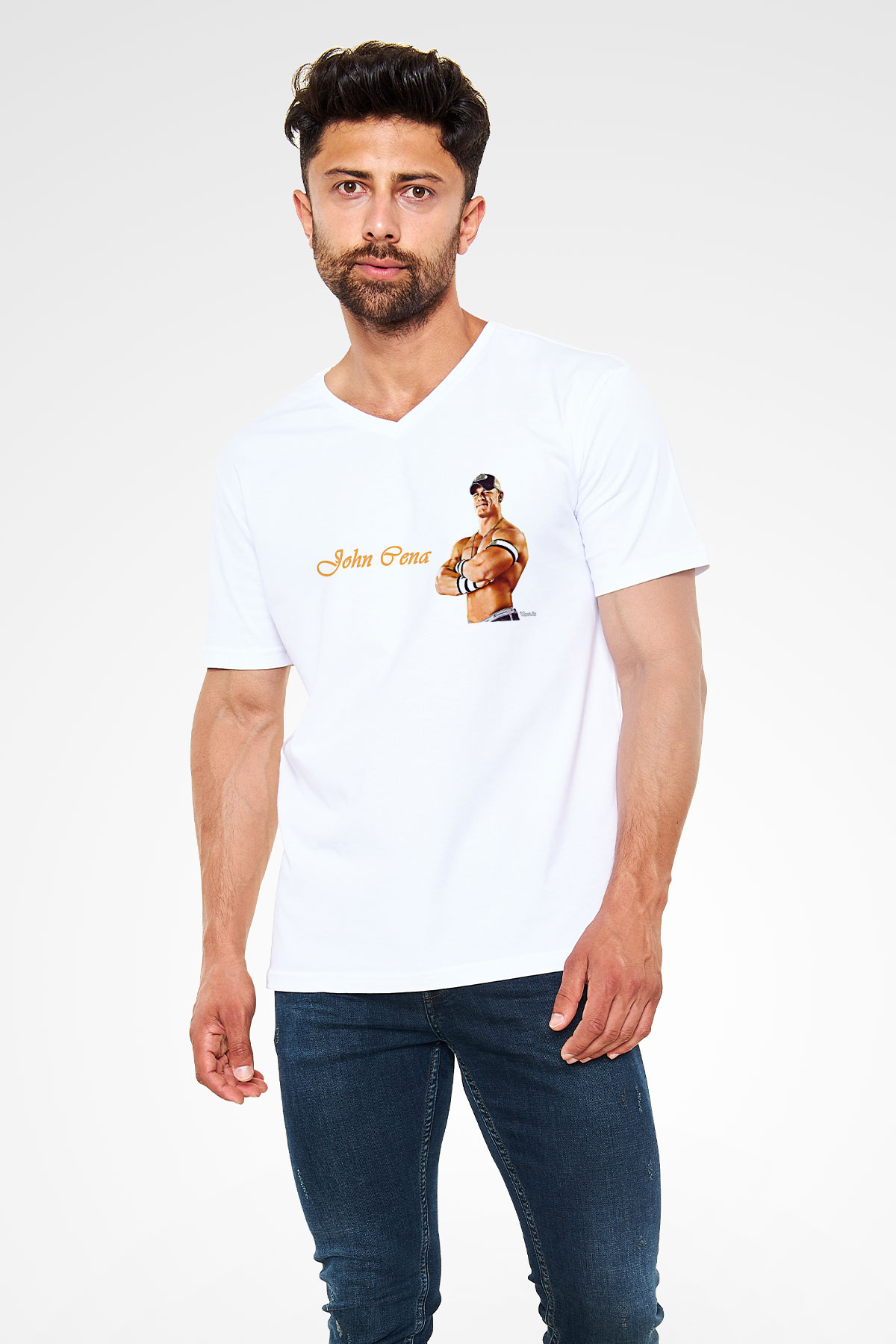 John Cena Baskılı Beyaz Unisex V Yaka Tişört - Tshirt