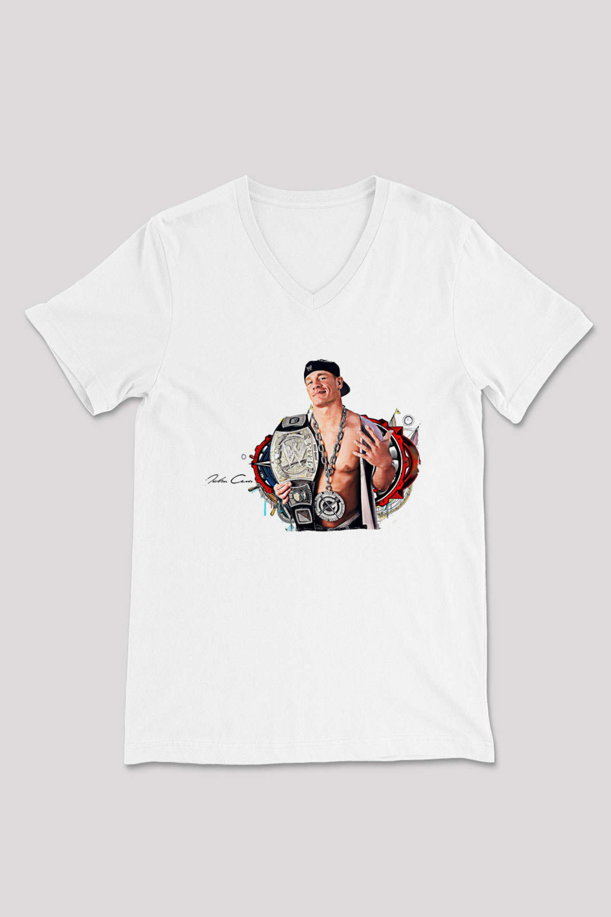 John Cena Baskılı Beyaz Unisex V Yaka Tişört - Tshirt