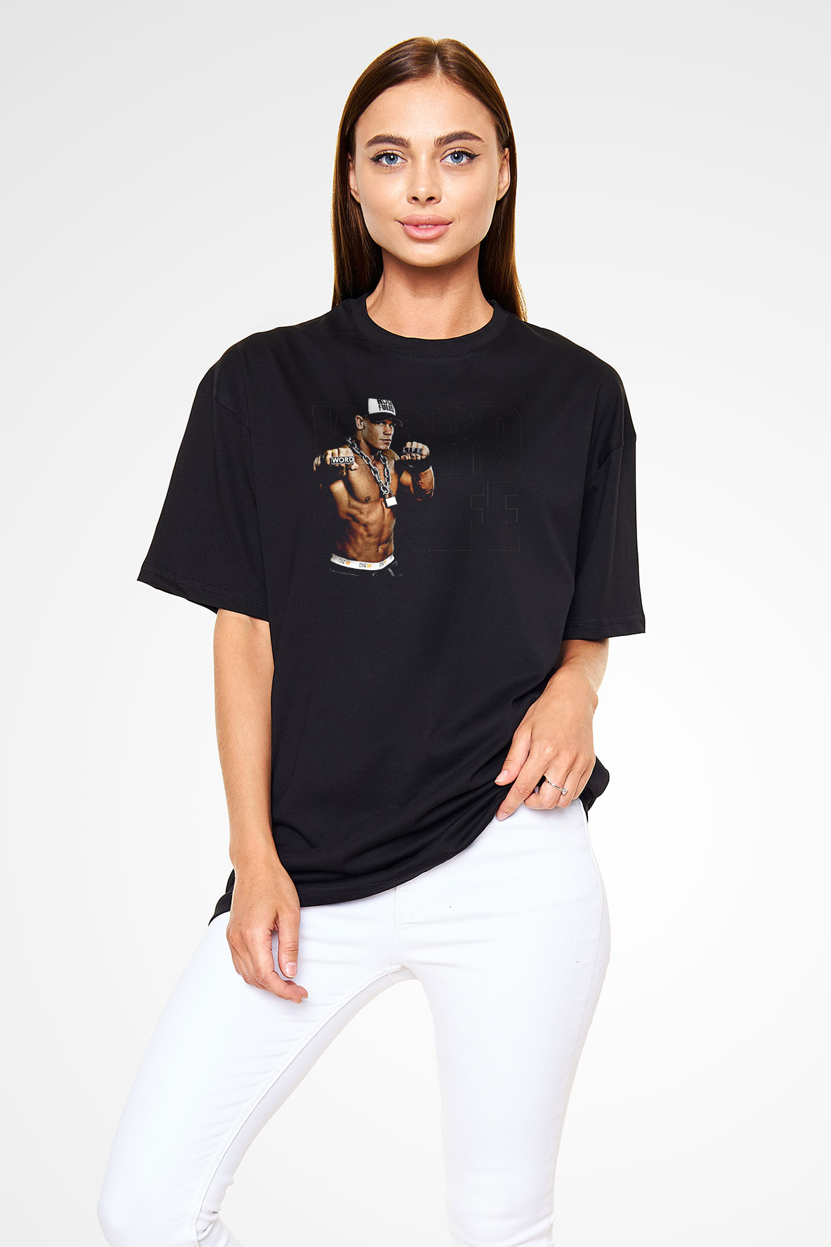 John Cena Baskılı Unisex Siyah Oversize Tişört - Tshirt
