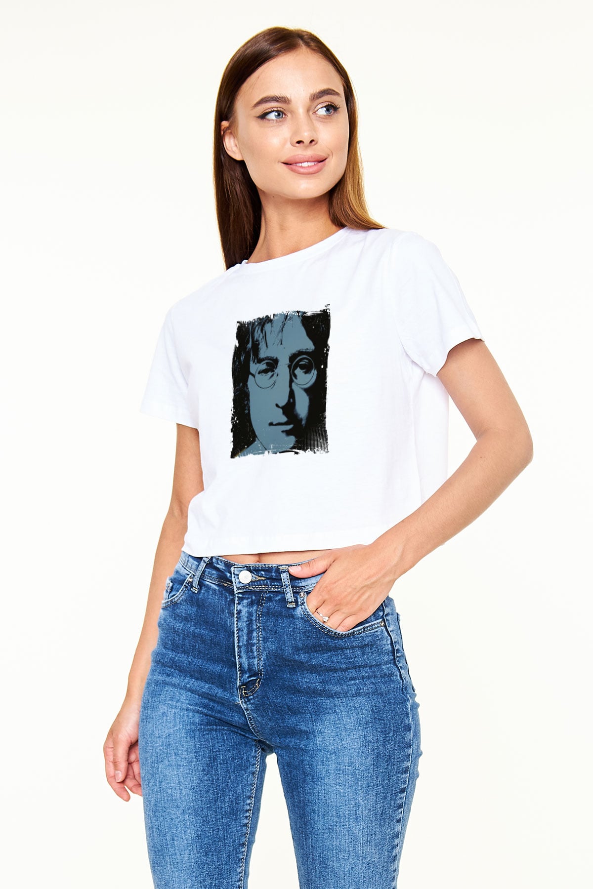 John Lennon Baskılı Beyaz Kadın Crop Top Tişört