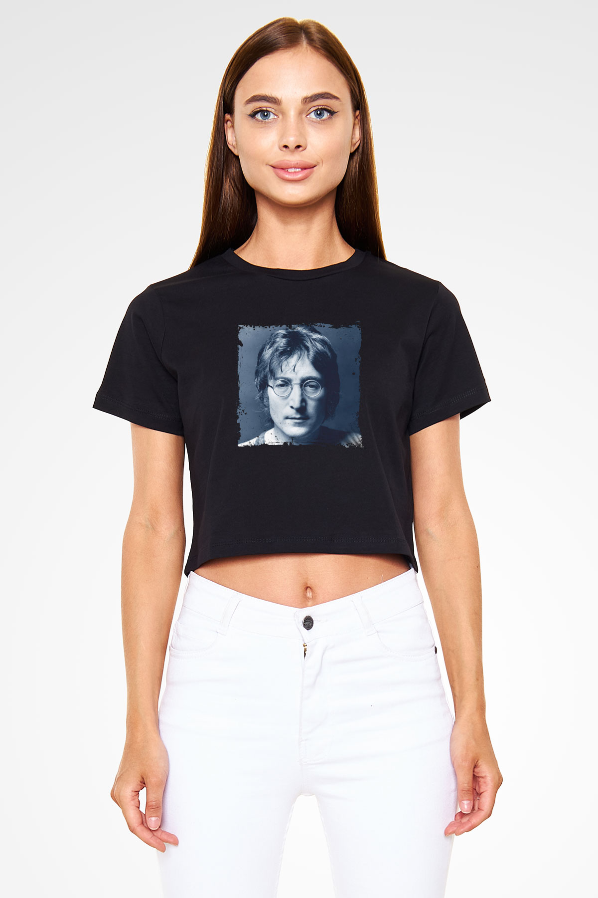 John Lennon Baskılı Siyah Kadın Crop Top Tişört