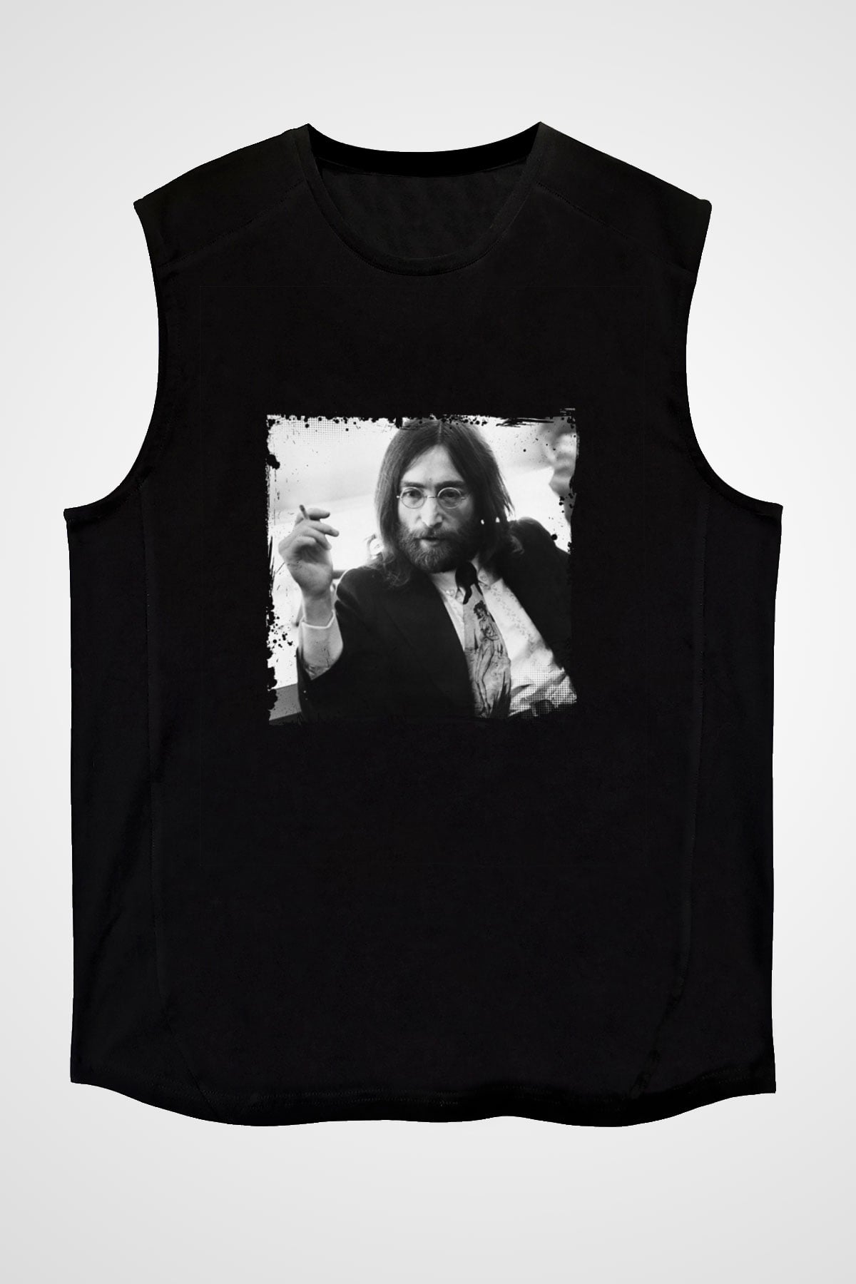 John Lennon Baskılı Unisex Siyah Kolsuz Tişört