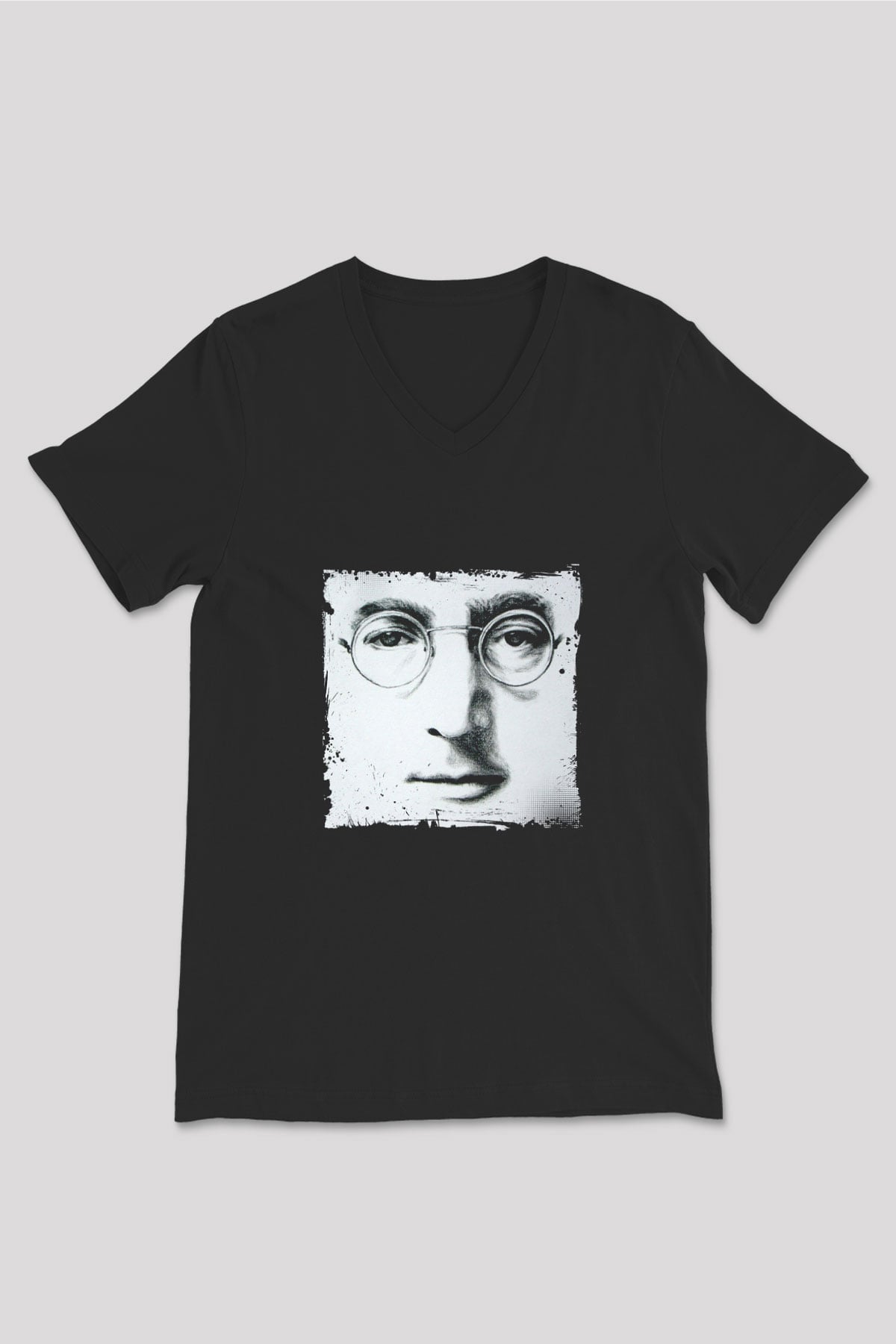John Lennon Baskılı Unisex Siyah V Yaka Tişört