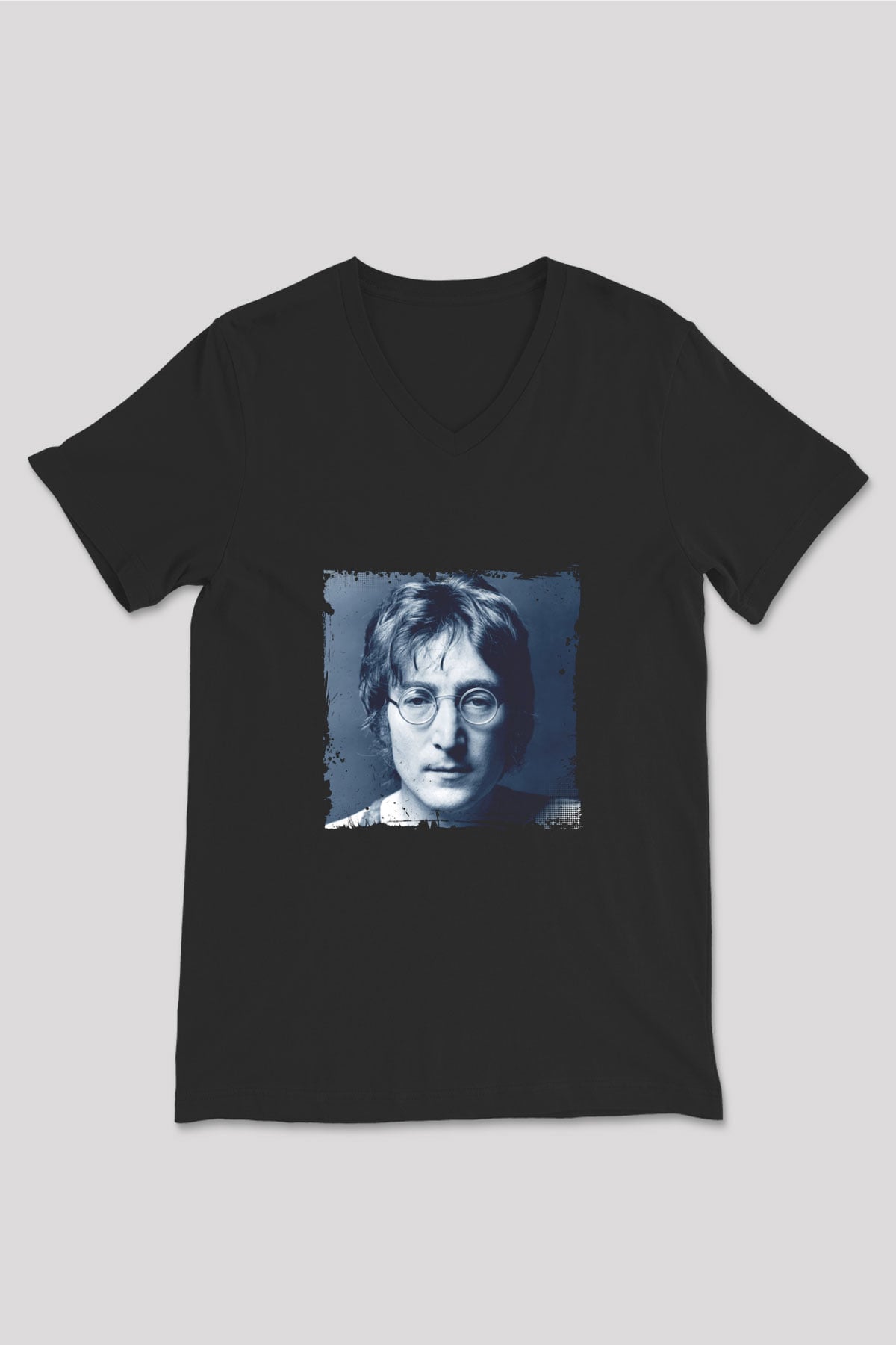 John Lennon Baskılı Unisex Siyah V Yaka Tişört