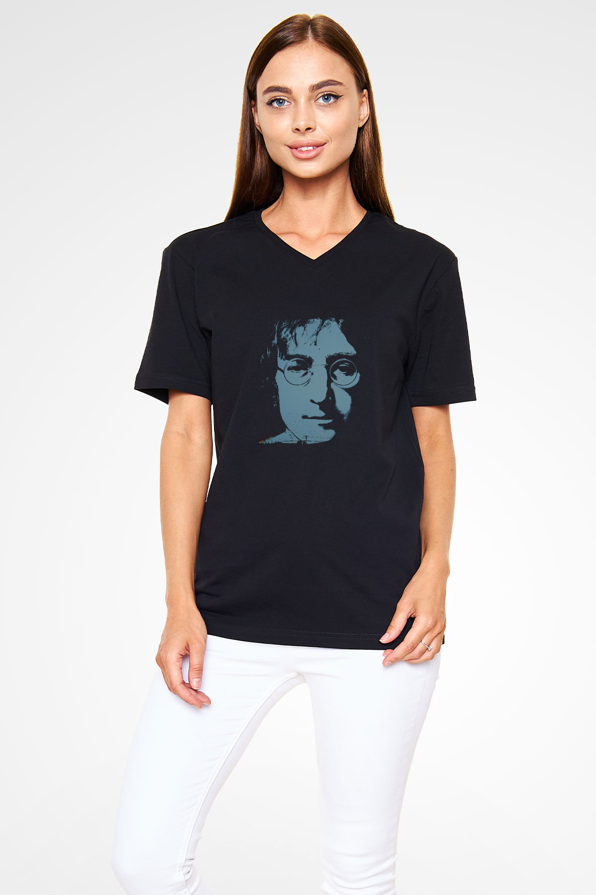 John Lennon Baskılı Unisex Siyah V Yaka Tişört