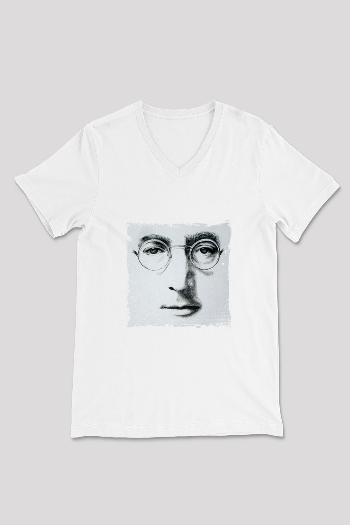 John Lennon Baskılı V Yaka Unisex Beyaz Tişört
