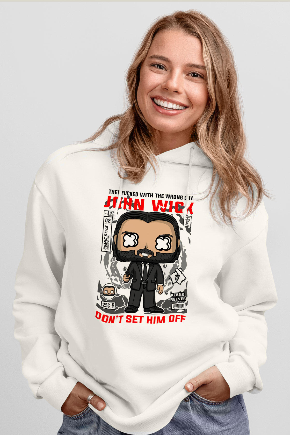 John Wick Baskılı Unisex Beyaz Hoodie