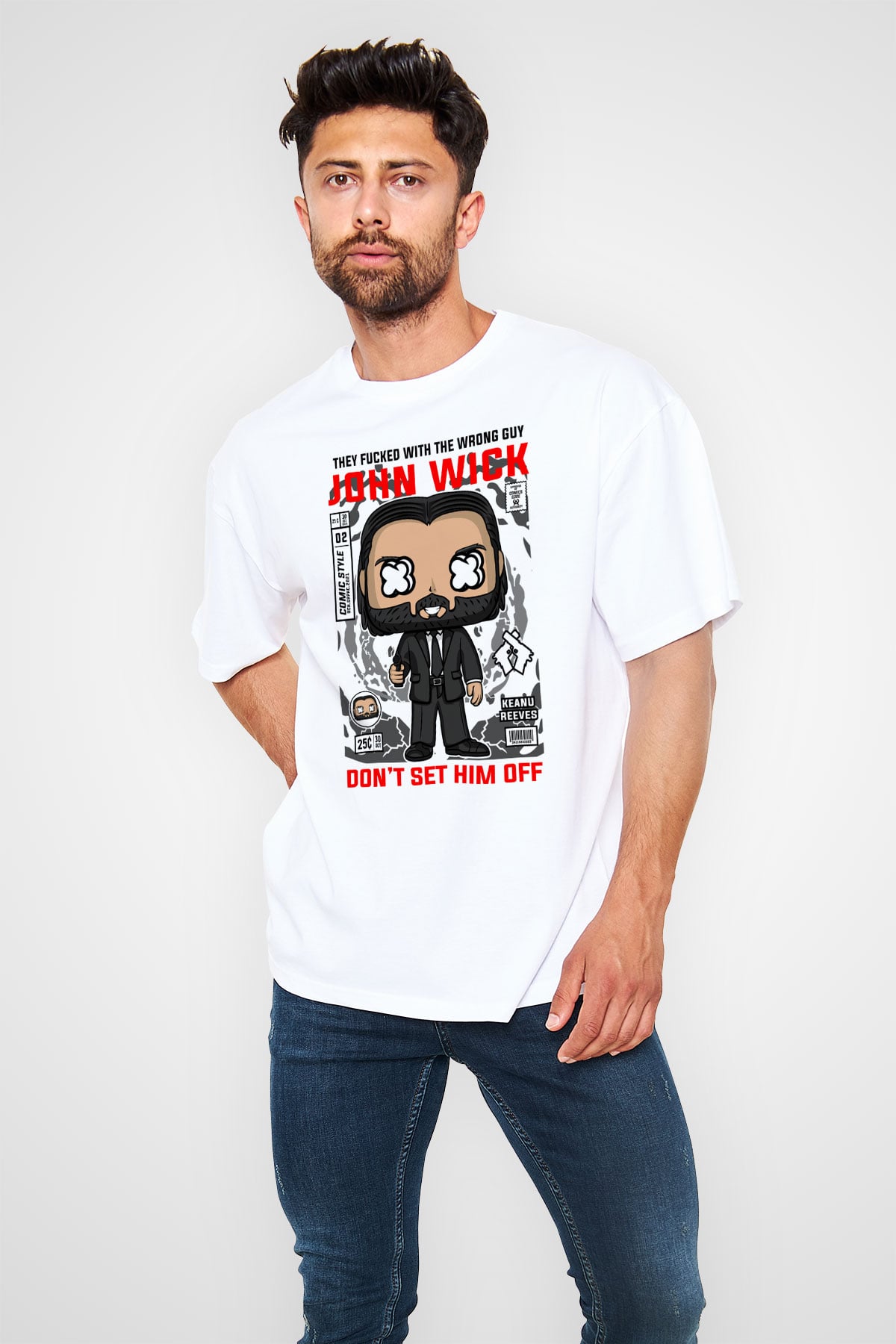 John Wick Baskılı Unisex Beyaz Oversize Tişört