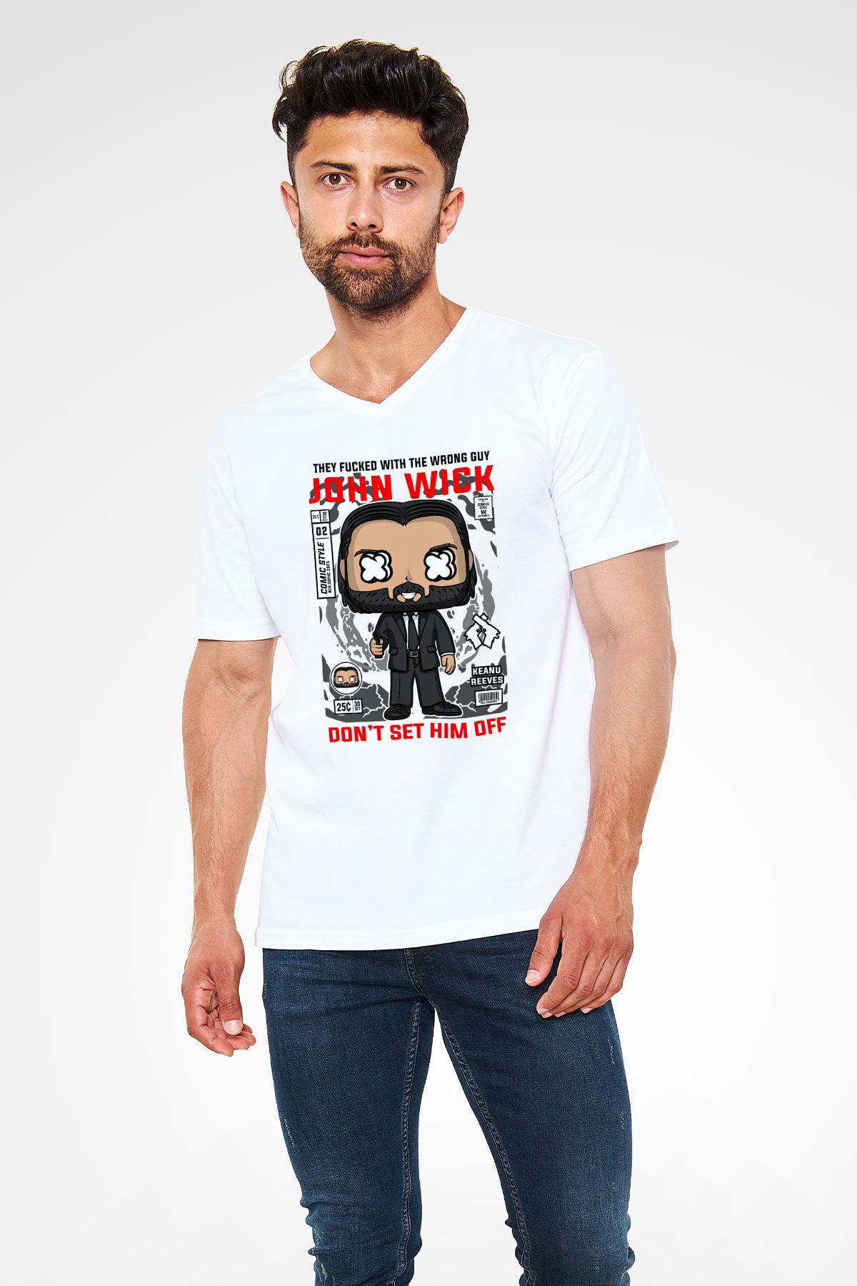 John Wick Baskılı Unisex Beyaz V Yaka Tişört