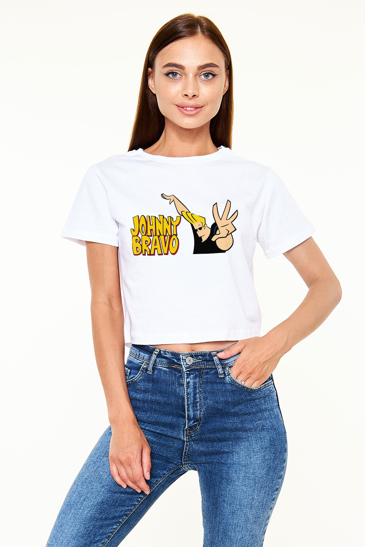Johnny Bravo Beyaz Croptop Tişört