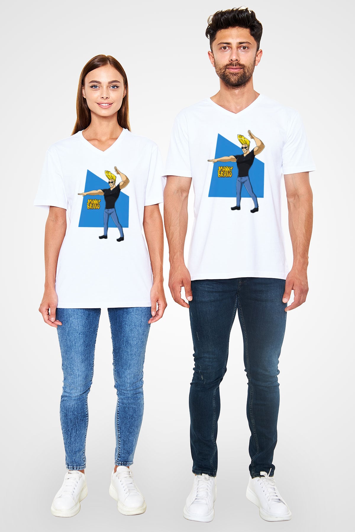 Johnny Bravo Beyaz Unisex V Yaka Tişört