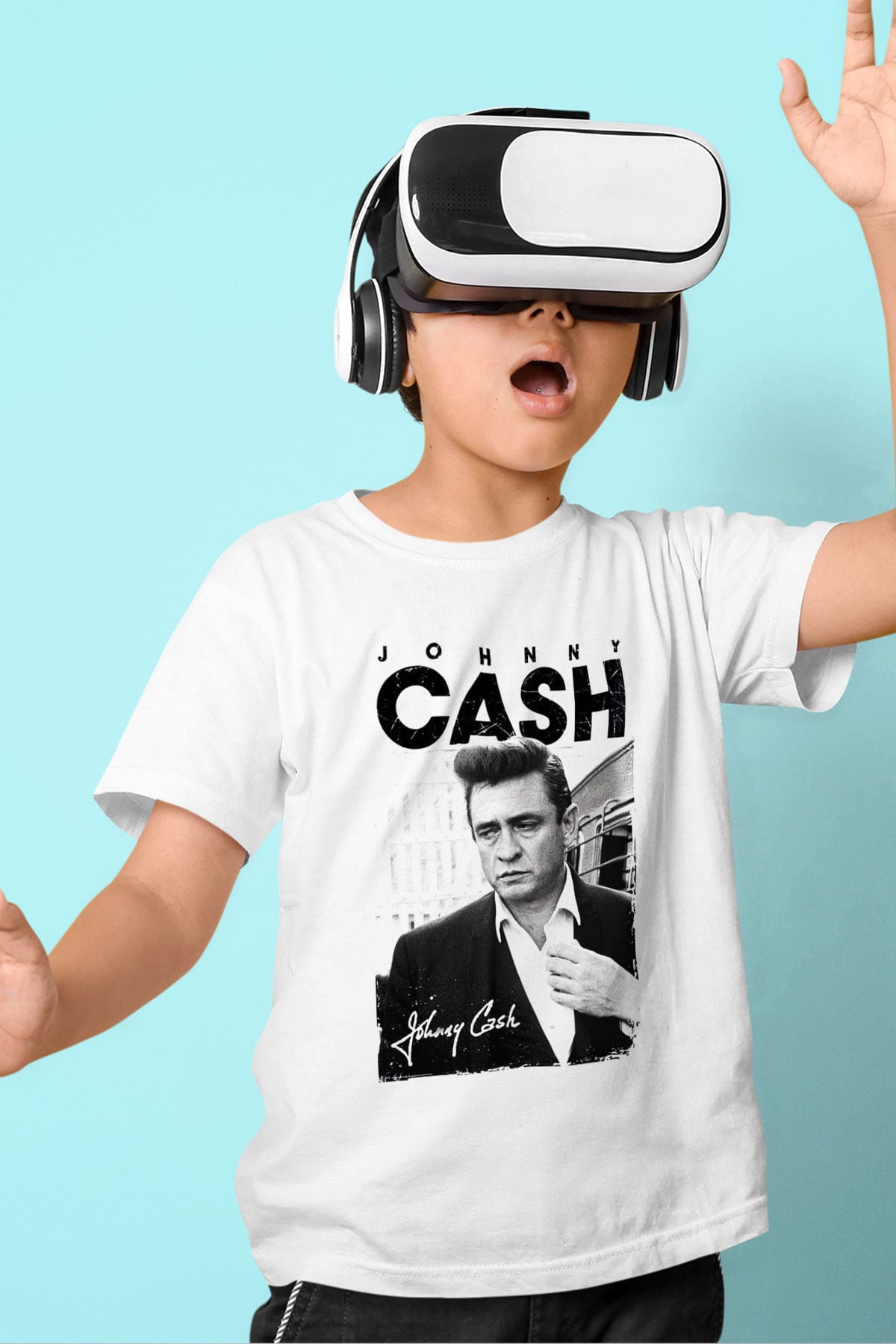 Johnny Cash Baskılı Beyaz Unisex Çocuk Tişört
