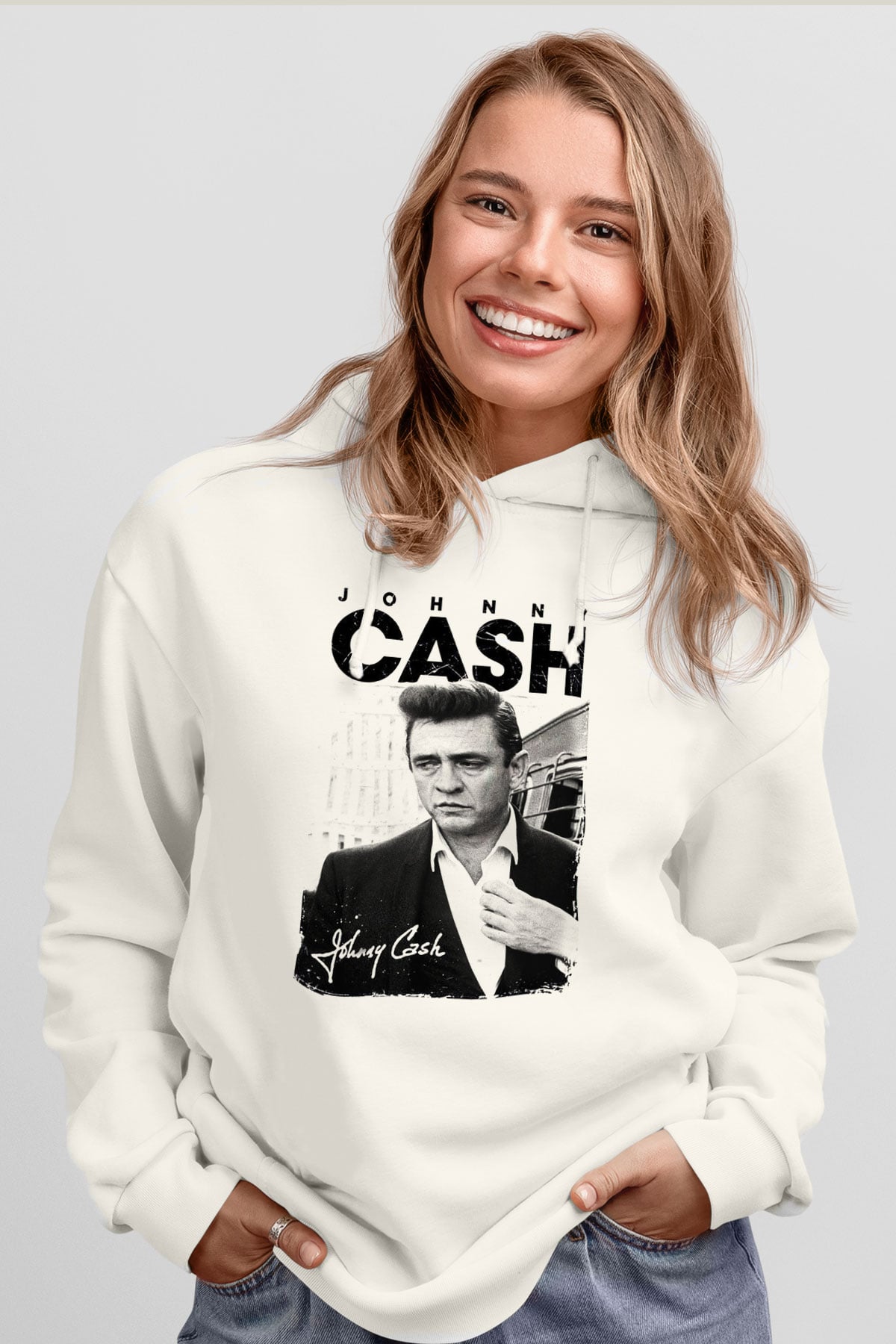 Johnny Cash Beyaz Unisex Kapşonlu Sweatshirt