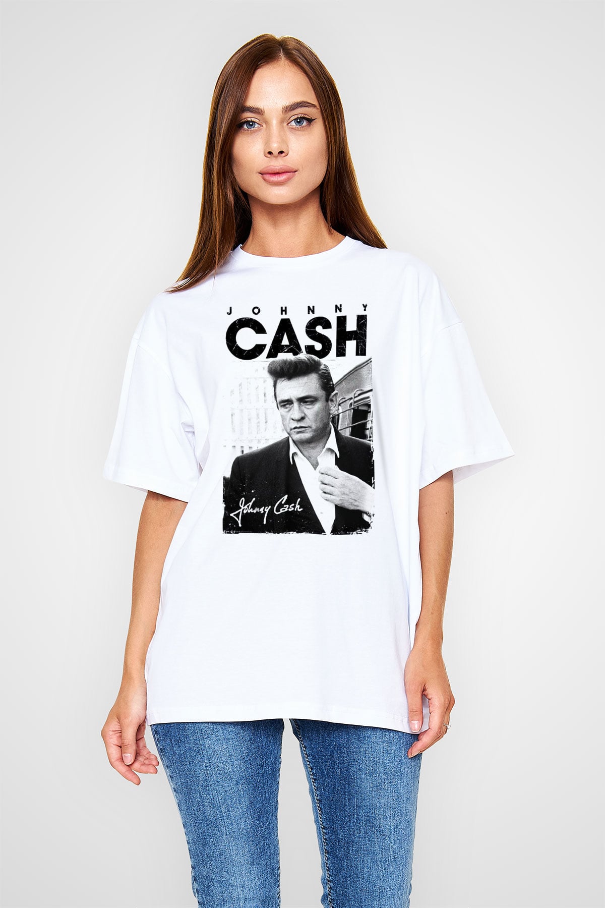 Johnny Cash Beyaz Unisex Oversize Tişört T-Shirt