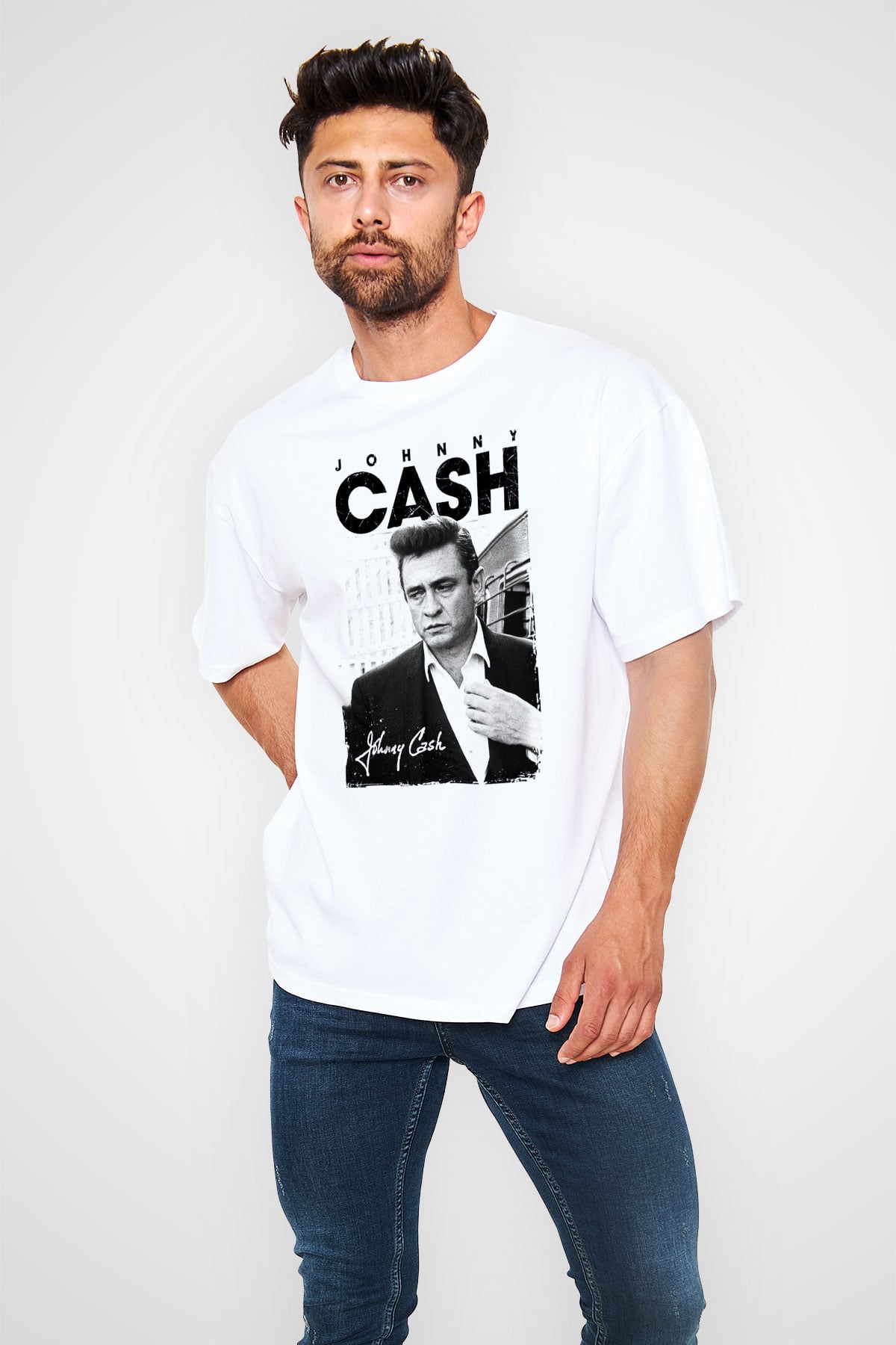 Johnny Cash Beyaz Unisex Oversize Tişört T-Shirt