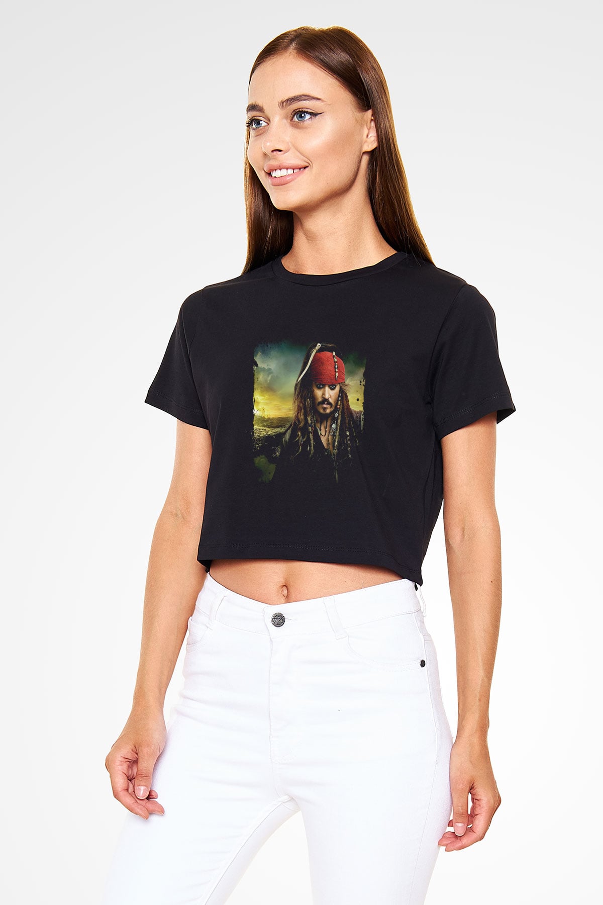 Johnny Depp Baskılı Siyah Kadın Crop Top Tişört