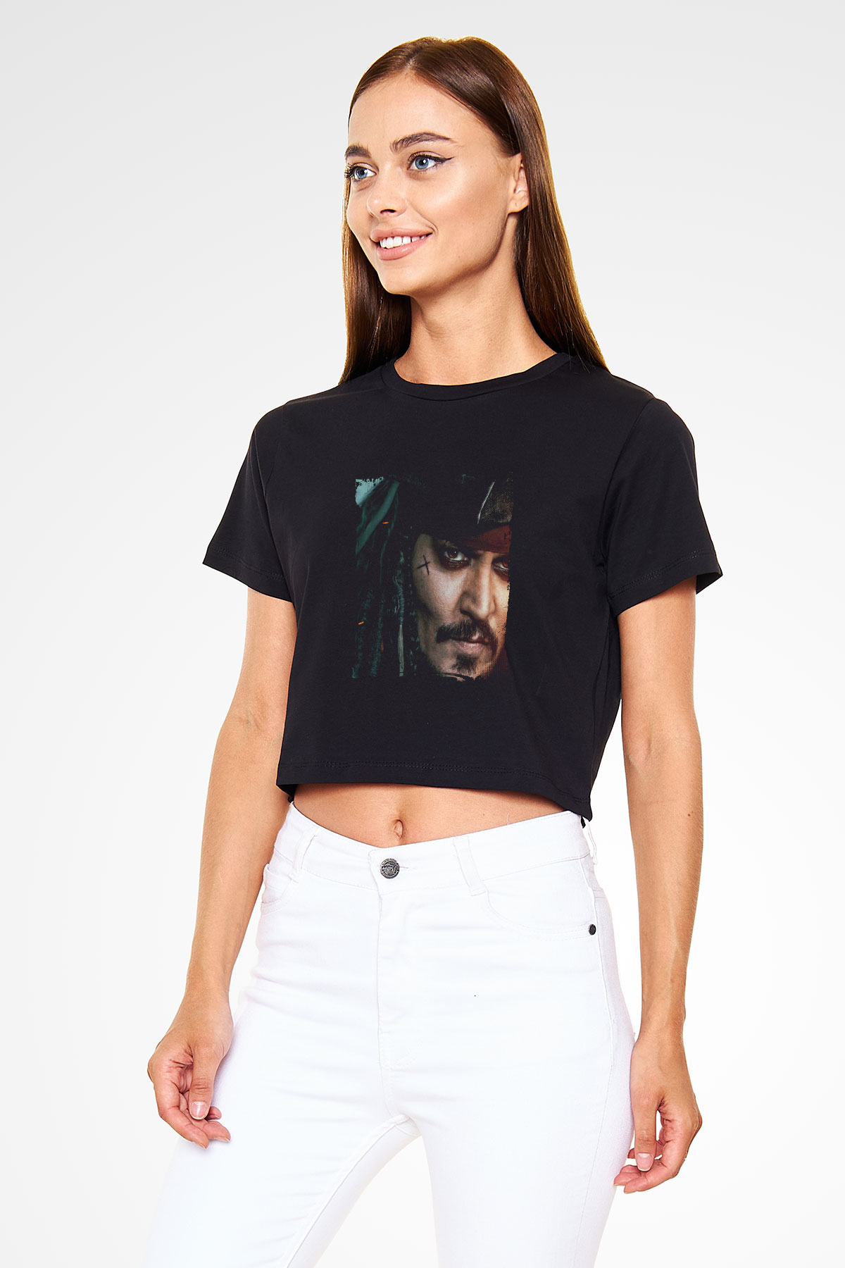 Johnny Depp Baskılı Siyah Kadın Crop Top Tişört