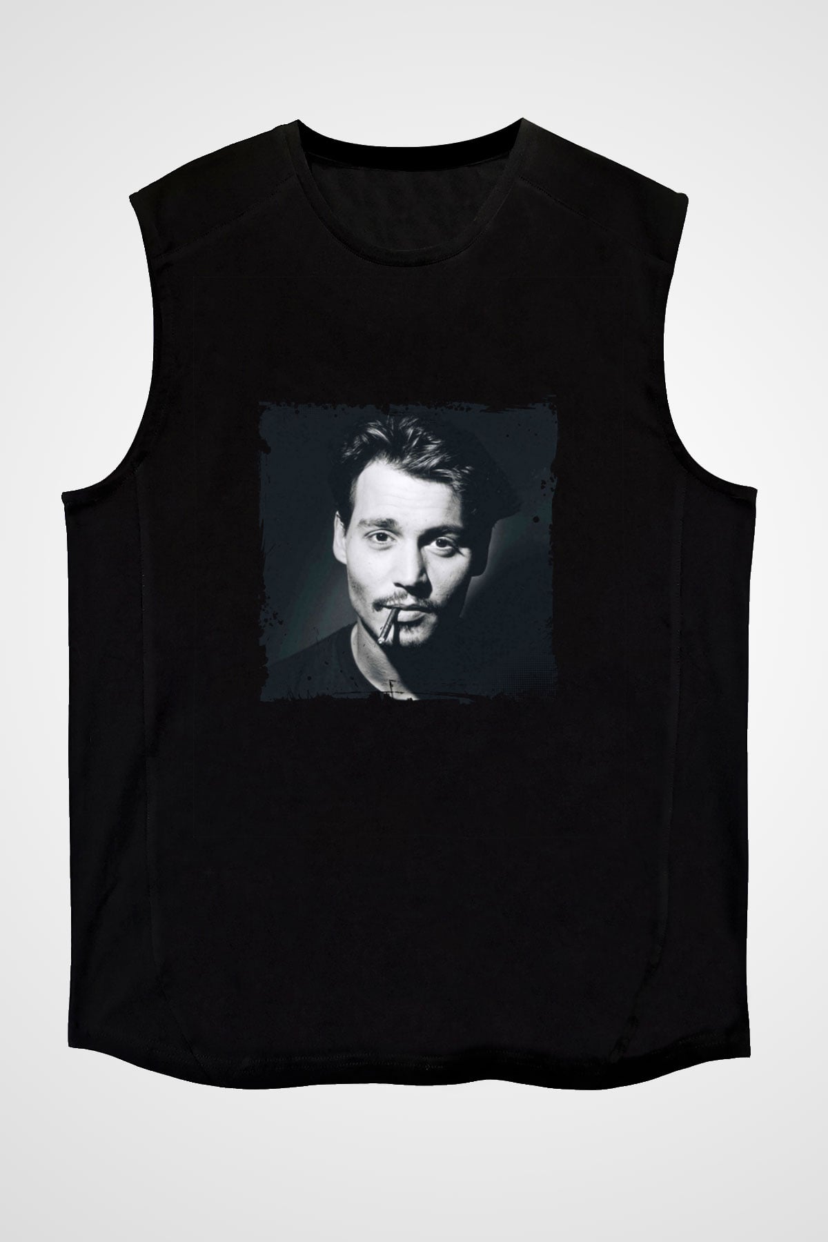 Johnny Depp Baskılı Unisex Siyah Kolsuz Tişört