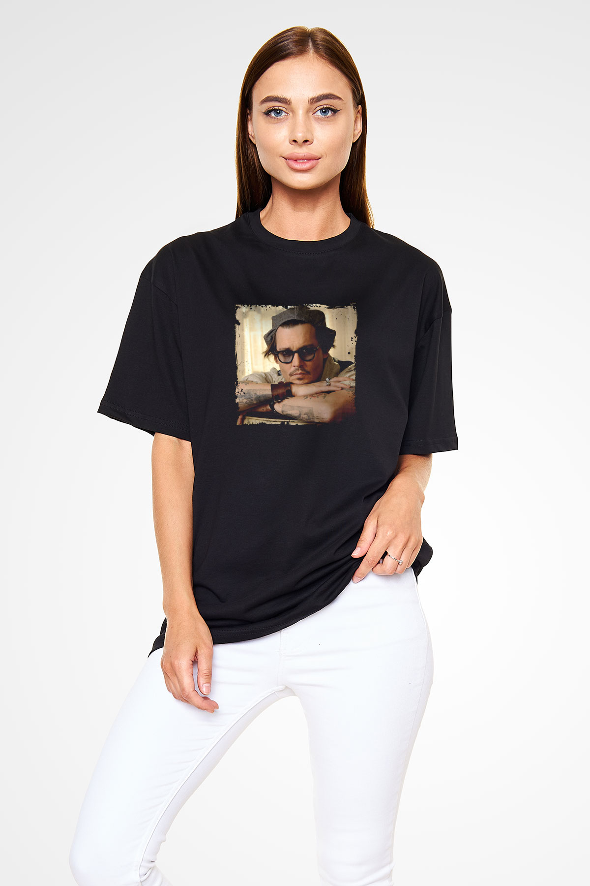Johnny Depp Baskılı Unisex Siyah Oversize Tişört