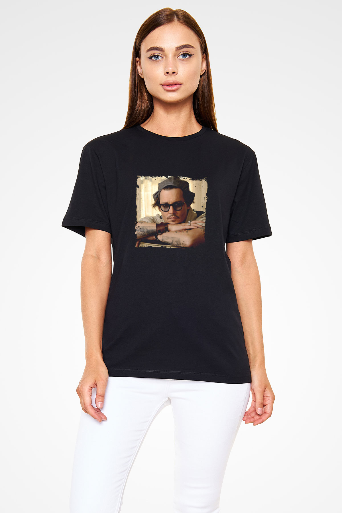Johnny Depp Baskılı Unisex Siyah Tişört