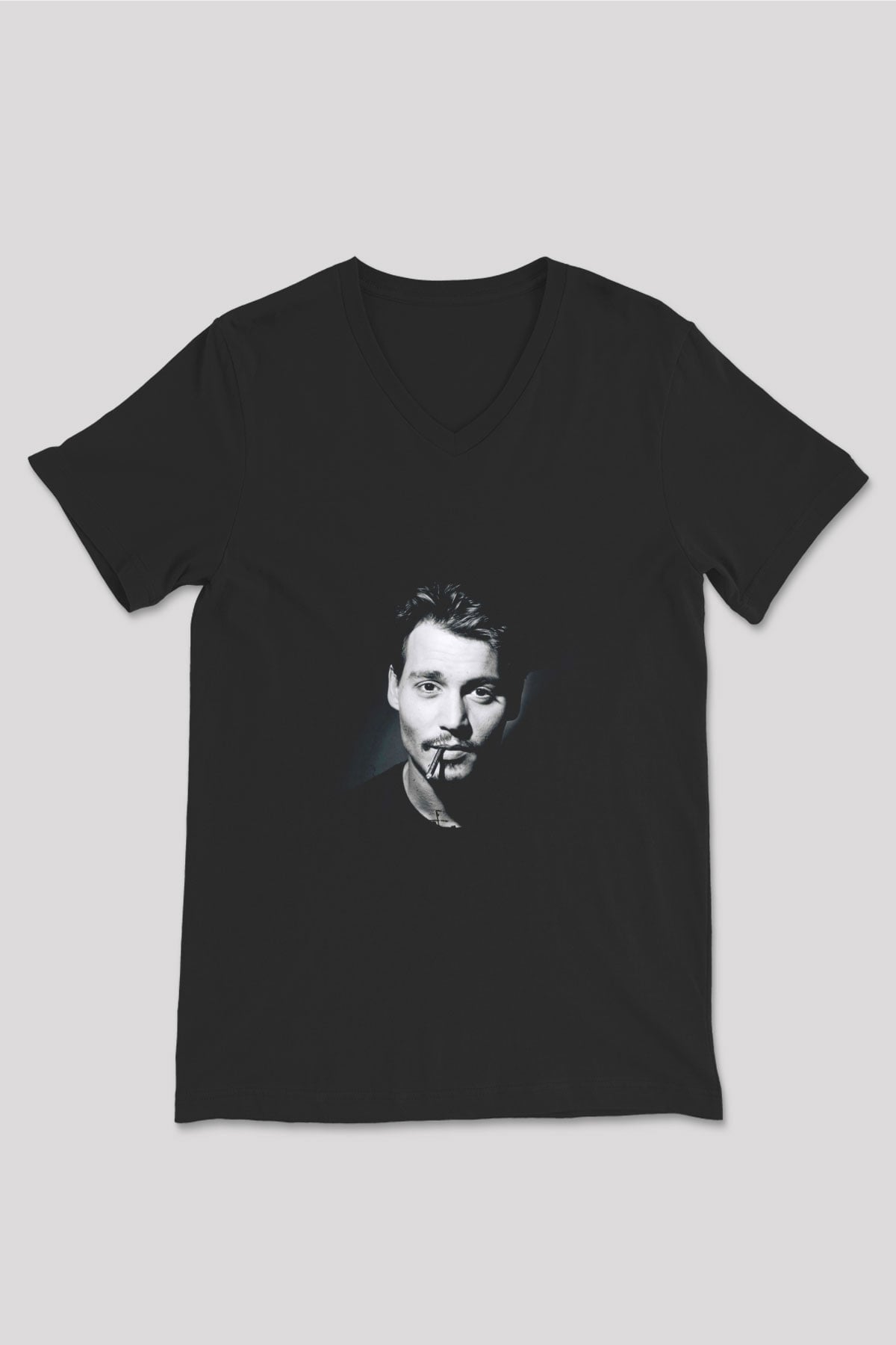 Johnny Depp Baskılı Unisex Siyah V Yaka Tişört