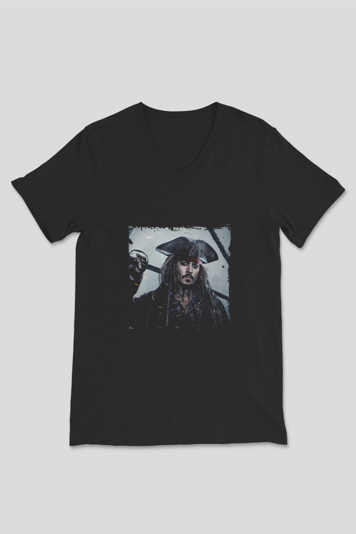 Johnny Depp Baskılı Unisex Siyah V Yaka Tişört