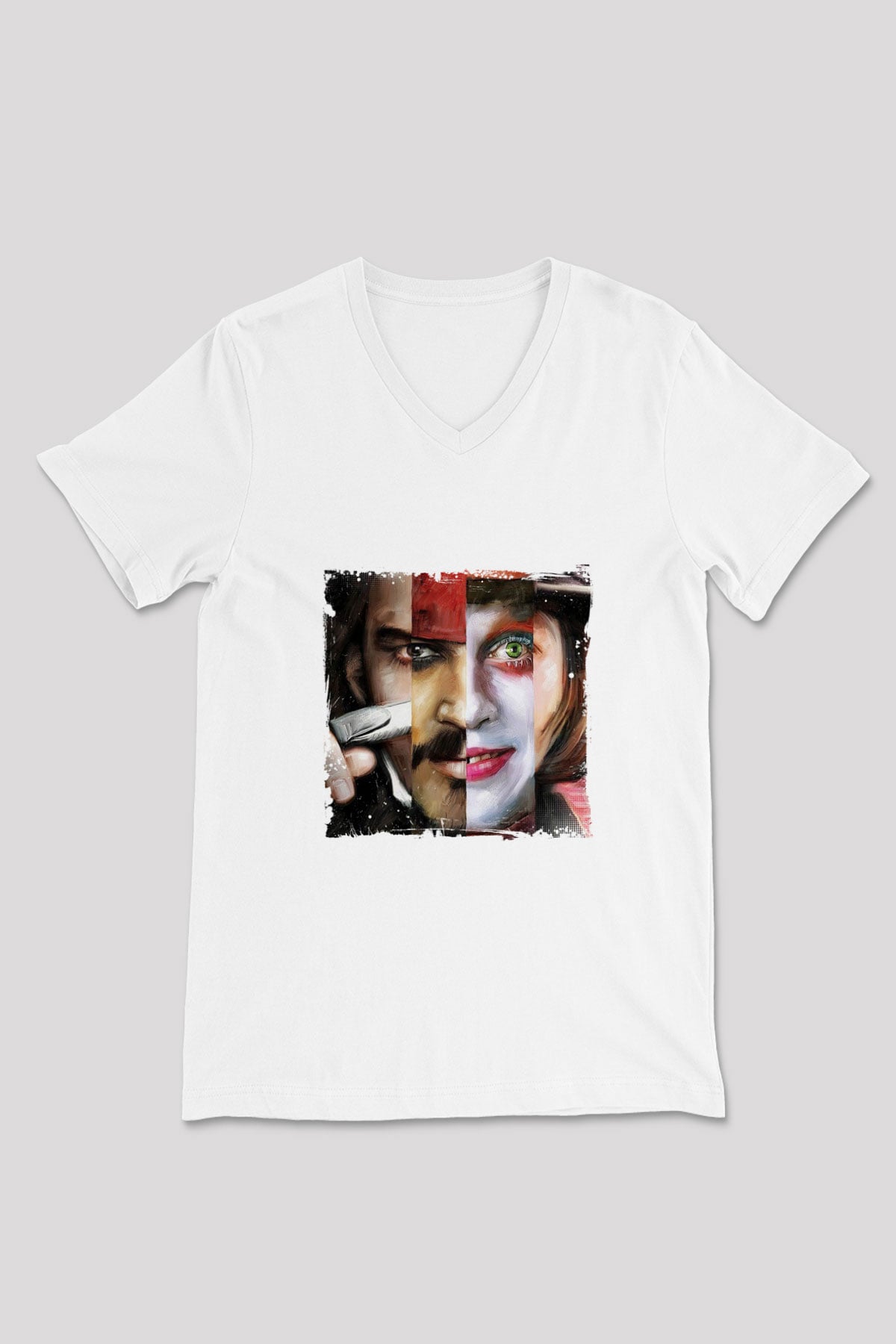 Johnny Depp Baskılı V Yaka Unisex Beyaz Tişört