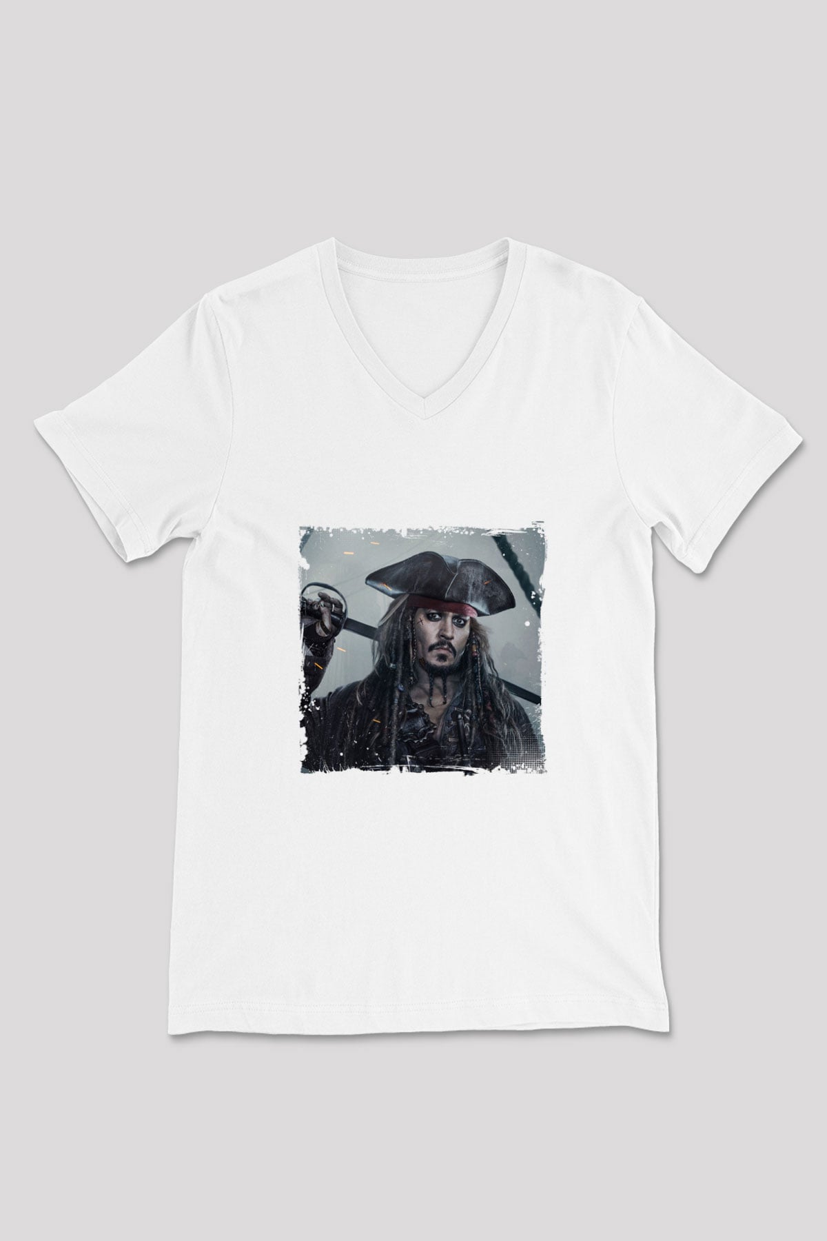 Johnny Depp Baskılı V Yaka Unisex Beyaz Tişört