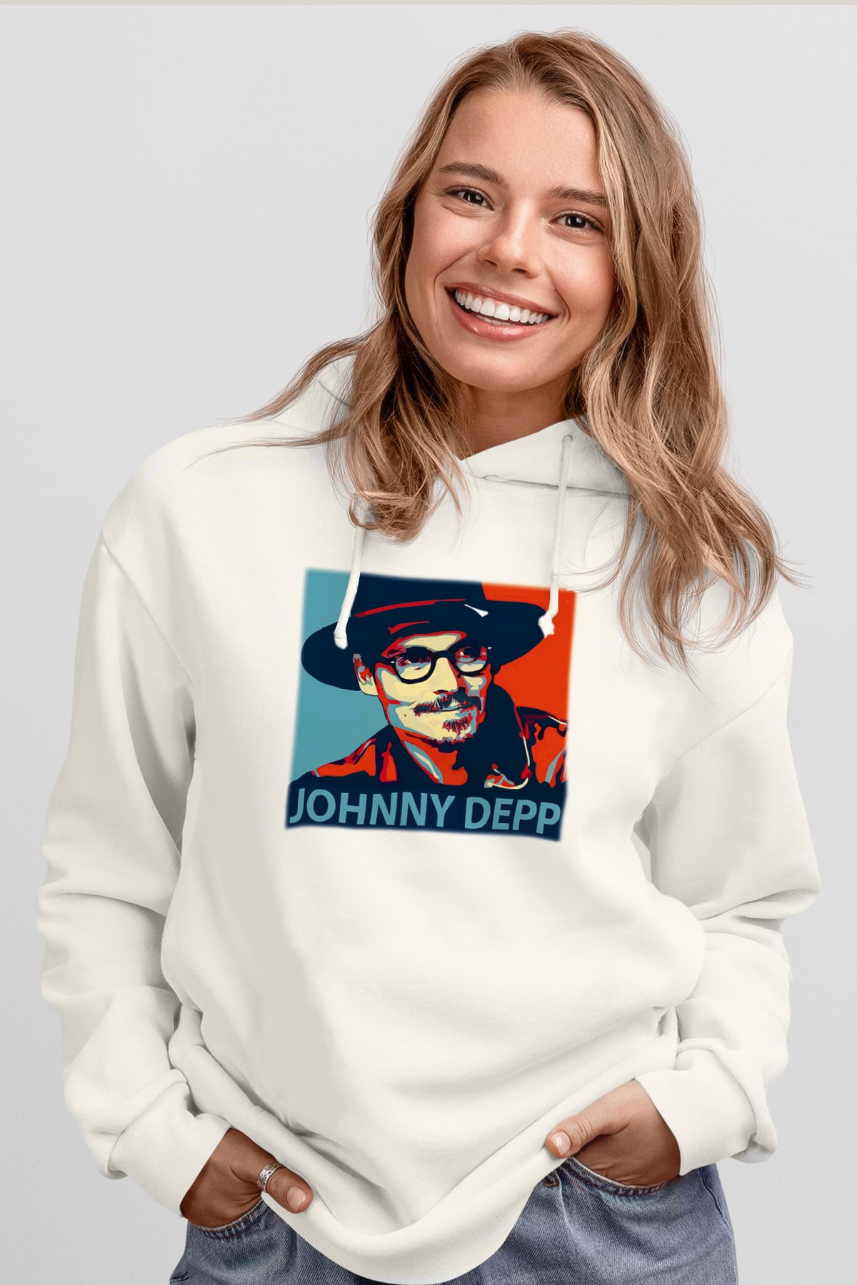 Johnny Depp Beyaz Unisex Kapşonlu Sweatshirt