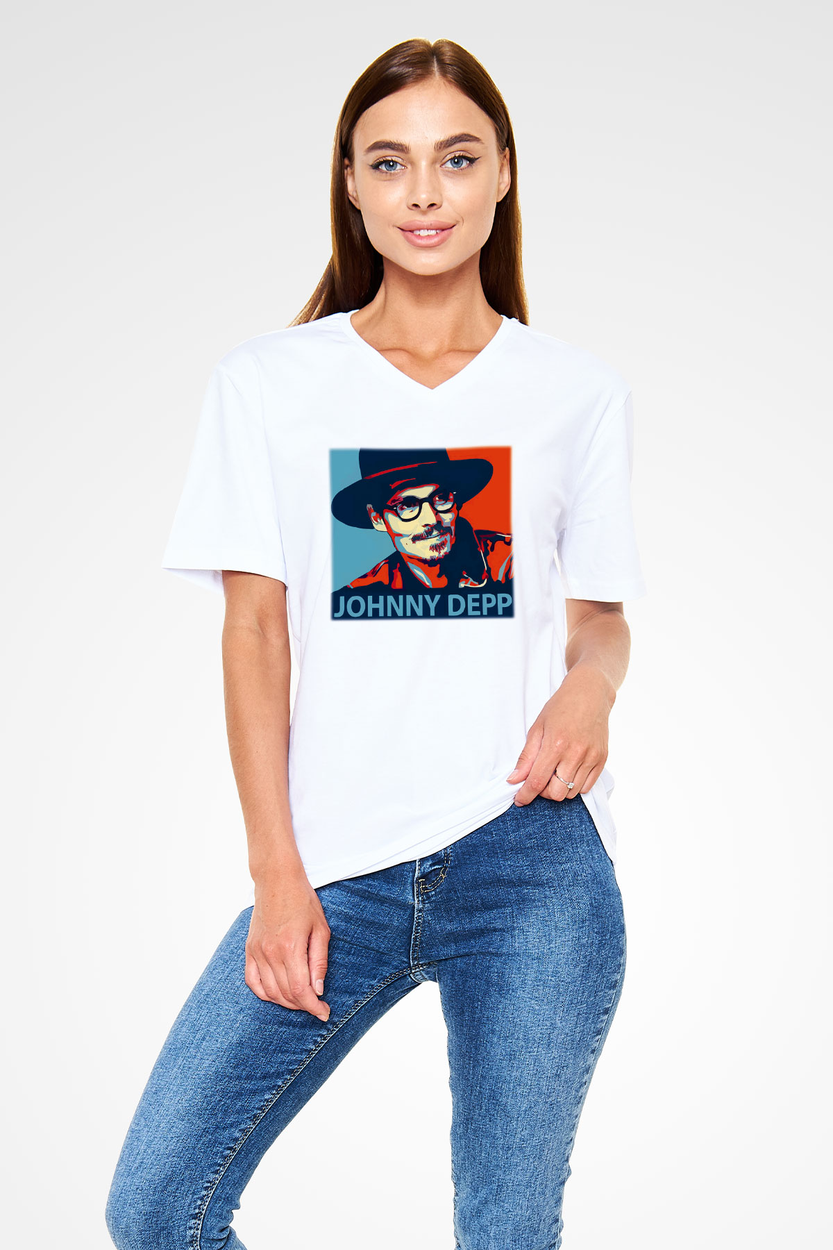 Johnny Depp Beyaz Unisex V Yaka Tişört T-Shirt